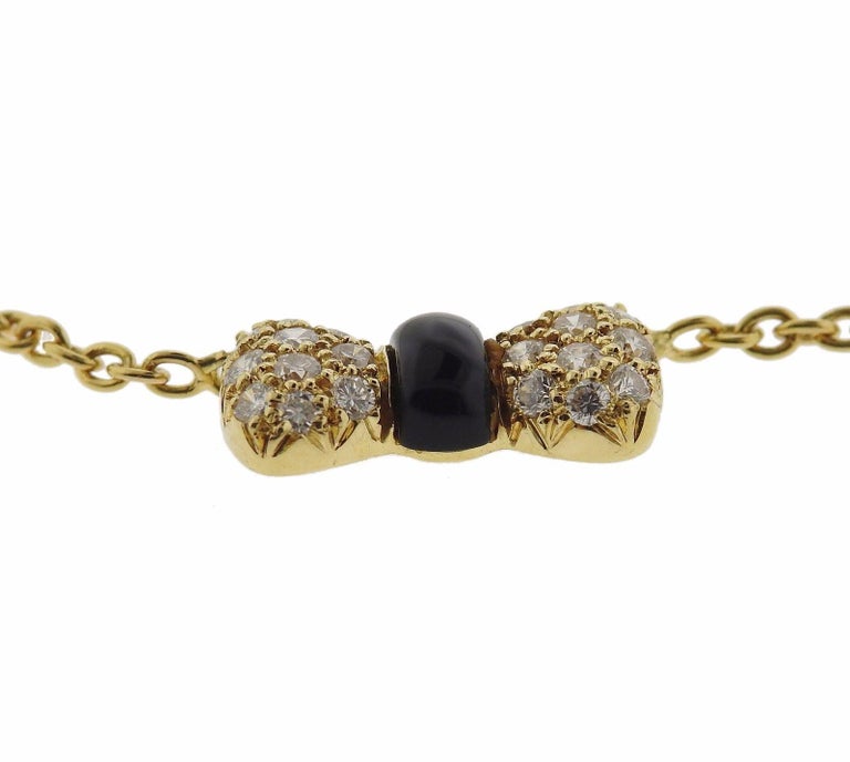 Van Cleef and Arpels VCA Gold Diamond Onyx Bow Pendant Necklace at