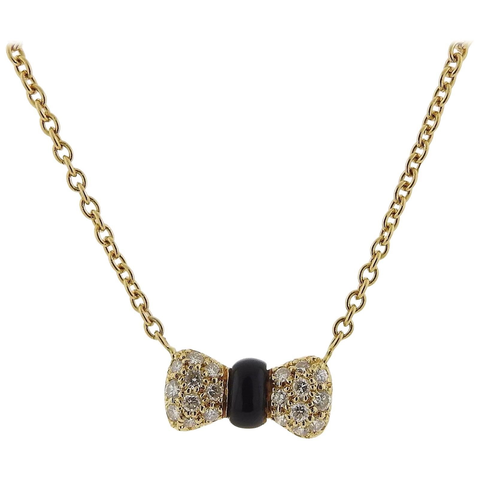 Van Cleef & Arpels VCA Gold Diamond Onyx Bow Pendant Necklace