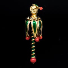 Van Cleef & Arpels VCA Jester Diamond Coral Enamel Clip Brooch Yellow Gold Cased