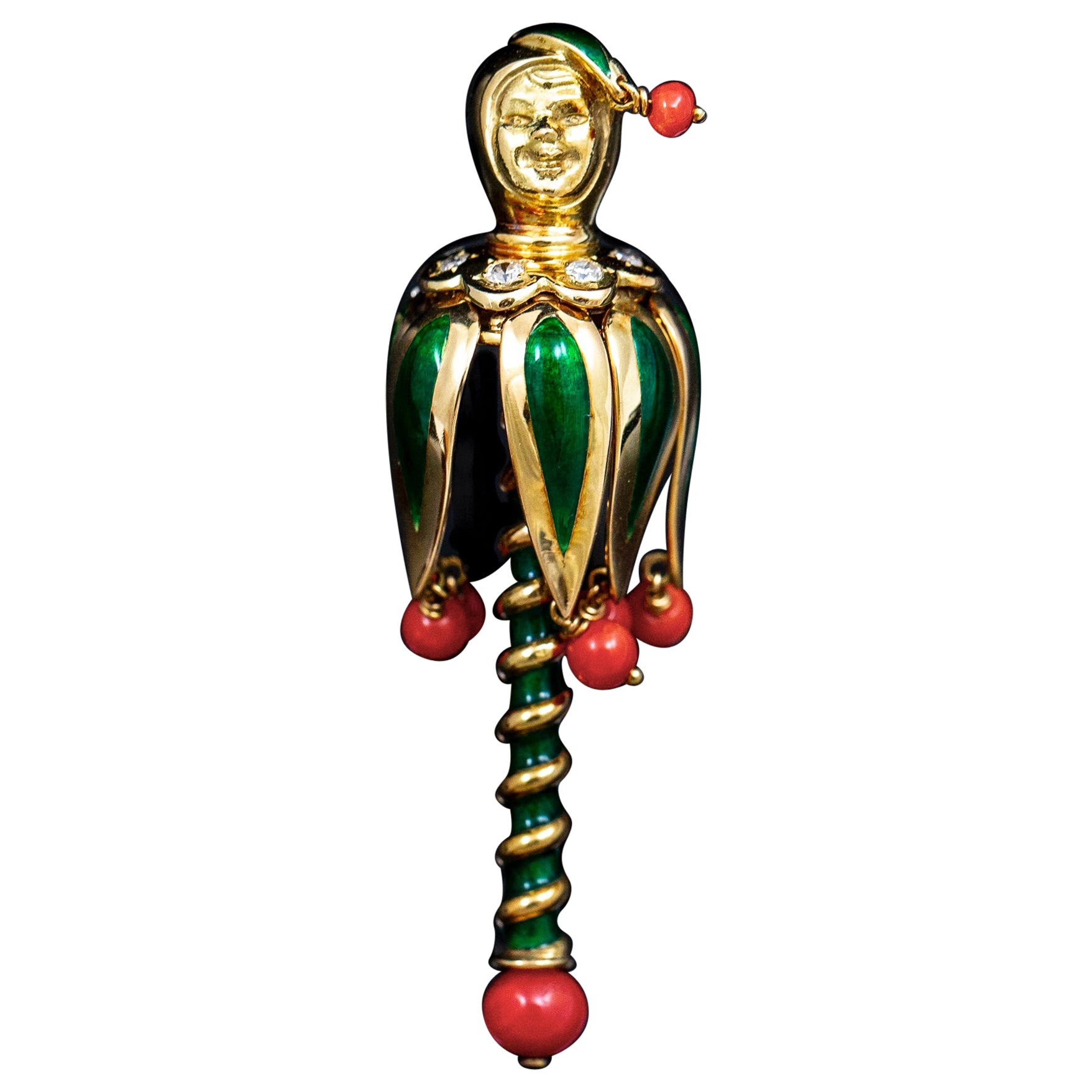 Van Cleef & Arpels VCA Jester Diamond Coral Enamel Clip Brooch Yellow Gold Cased