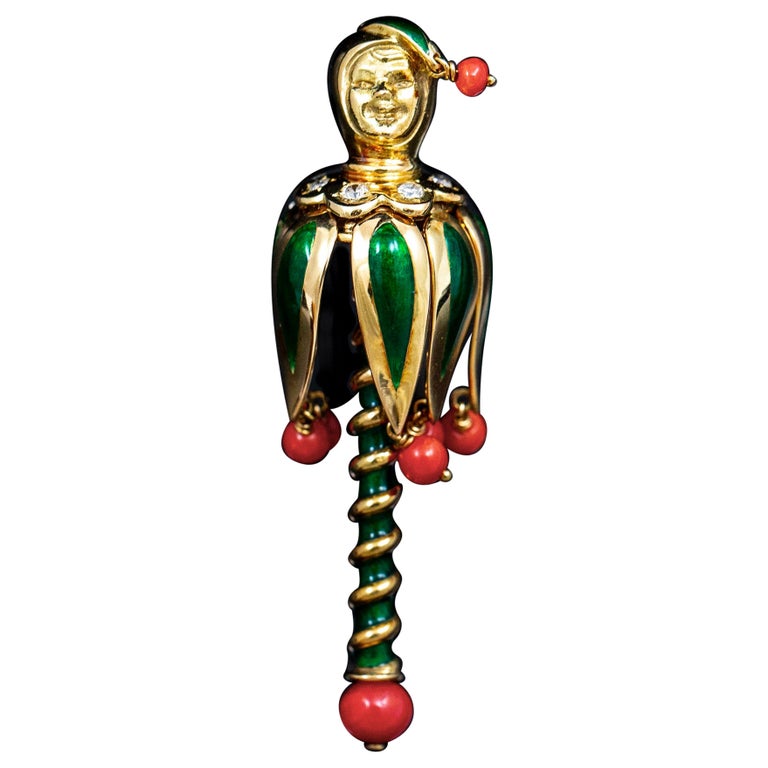 Broche Vintage Clown En Voiture émail Rouge Vert - Bijou Fantaisie Or