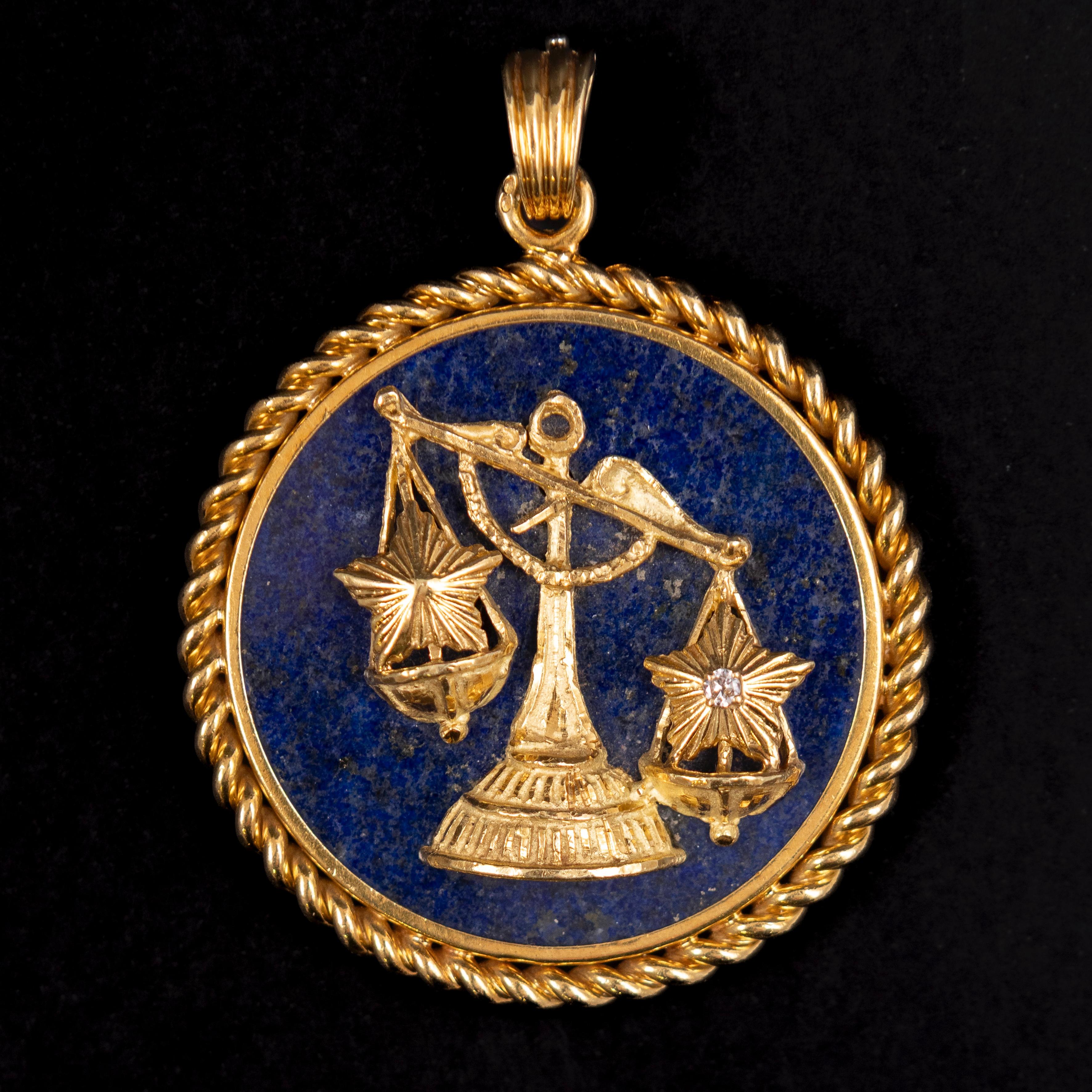 Van Cleef & Arpels Lapis Lazuli and Diamond “Libra” Zodiaque Medallion in 18K Yellow Gold, France, 1970s.

A substantial and beautifully executed pendant from Van Cleef & Arpels’ storied “Zodiaque” collection — first introduced in the 1950s and