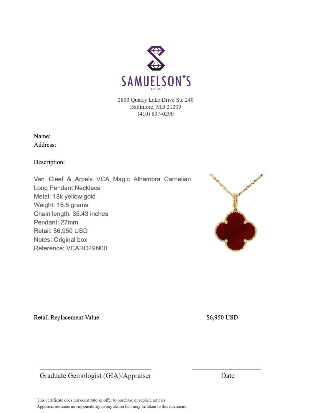 Van Cleef & Arpels VCA Magic Alhambra Carnelian Long Pendant Necklace In Excellent Condition In  Baltimore, MD