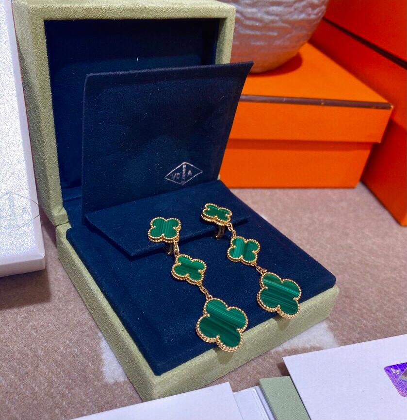 Round Cut Van Cleef & Arpels VCA Magic Alhambra Malachite Gold Three Motif Earrings