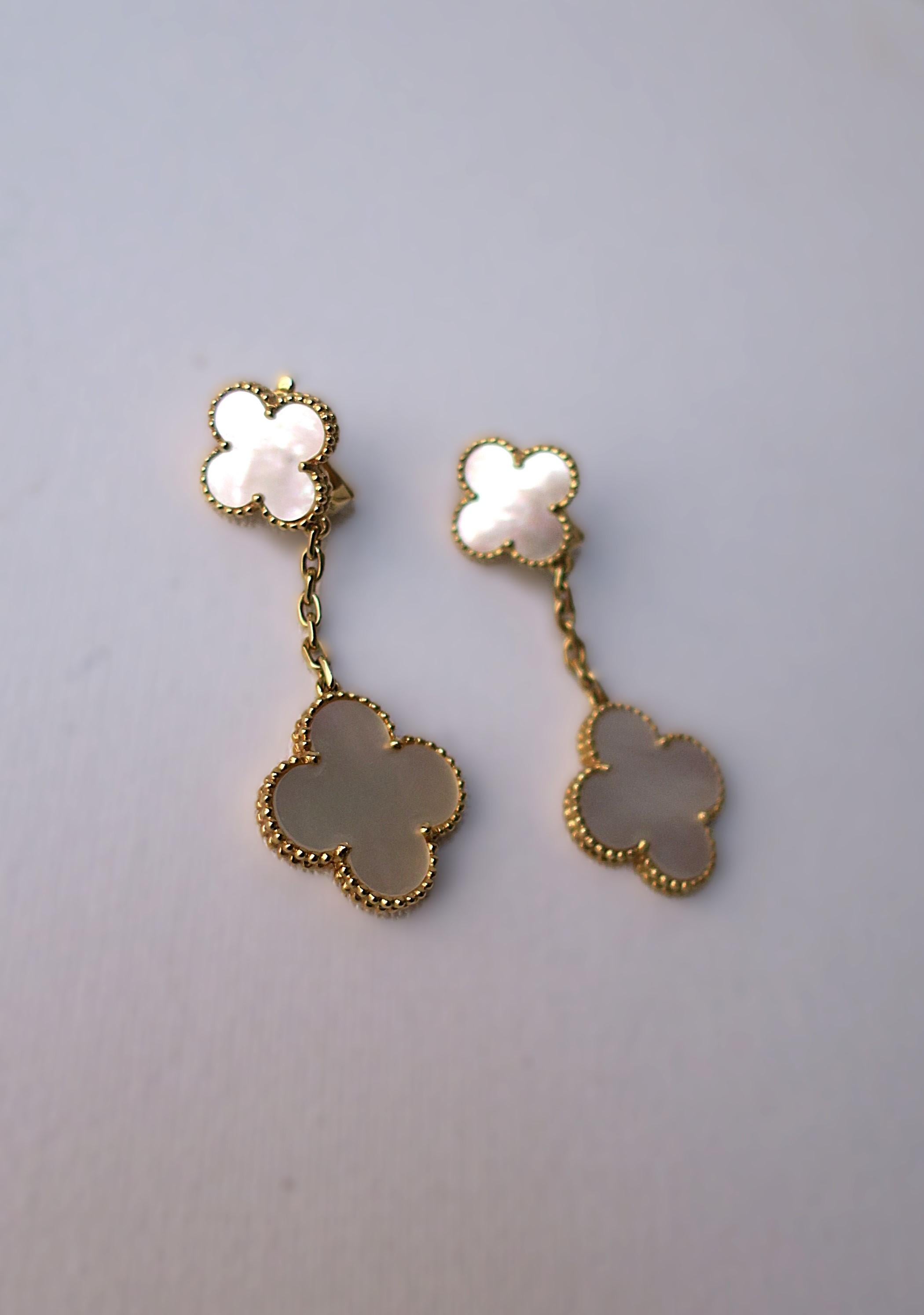 Van Cleef & Arpels VCA Mother of Pearl 18-Karat Gold Magic Alhambra Earrings 2