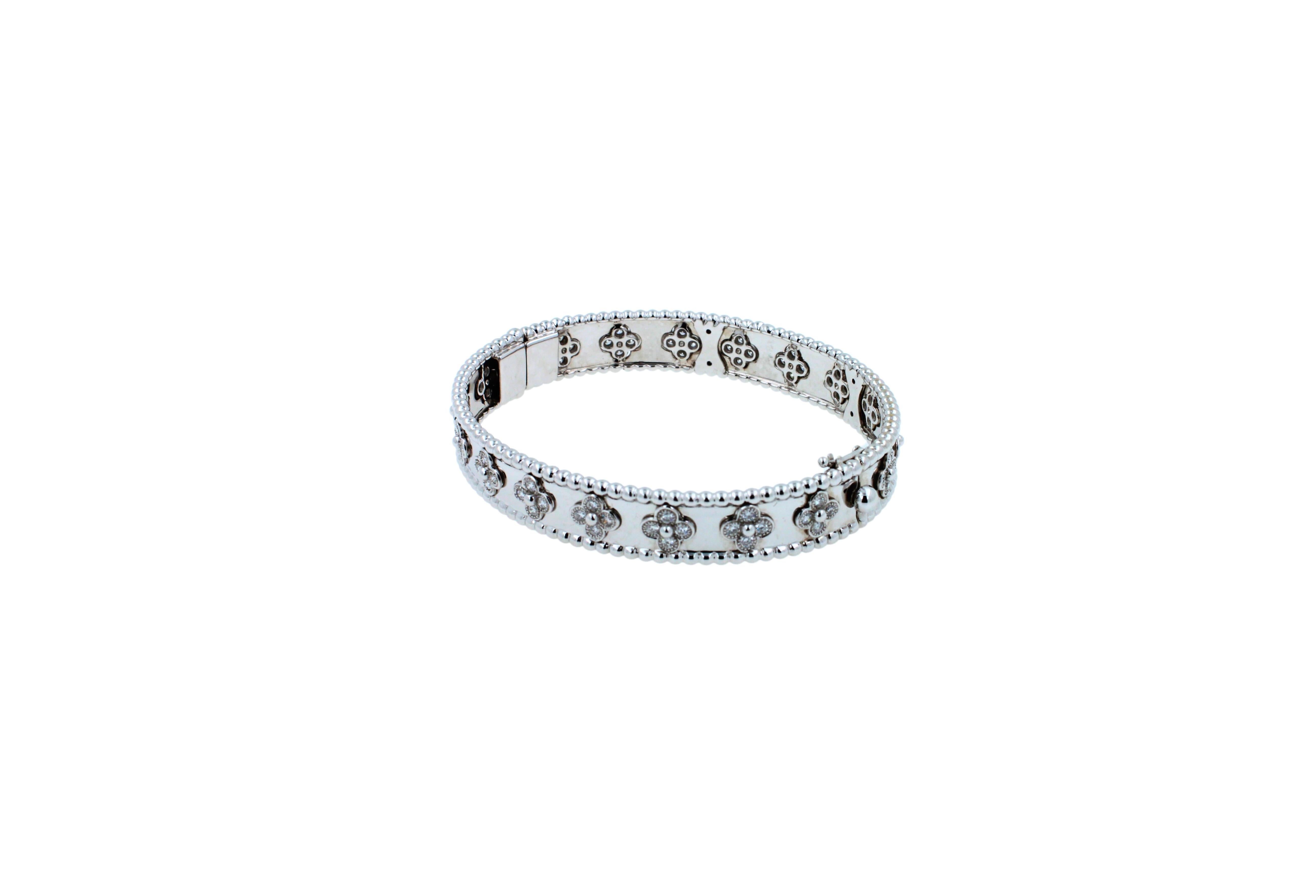 Round Cut Van Cleef & Arpels VCA Perlee Clover Bead Diamond 18k White Gold Bangle Bracelet