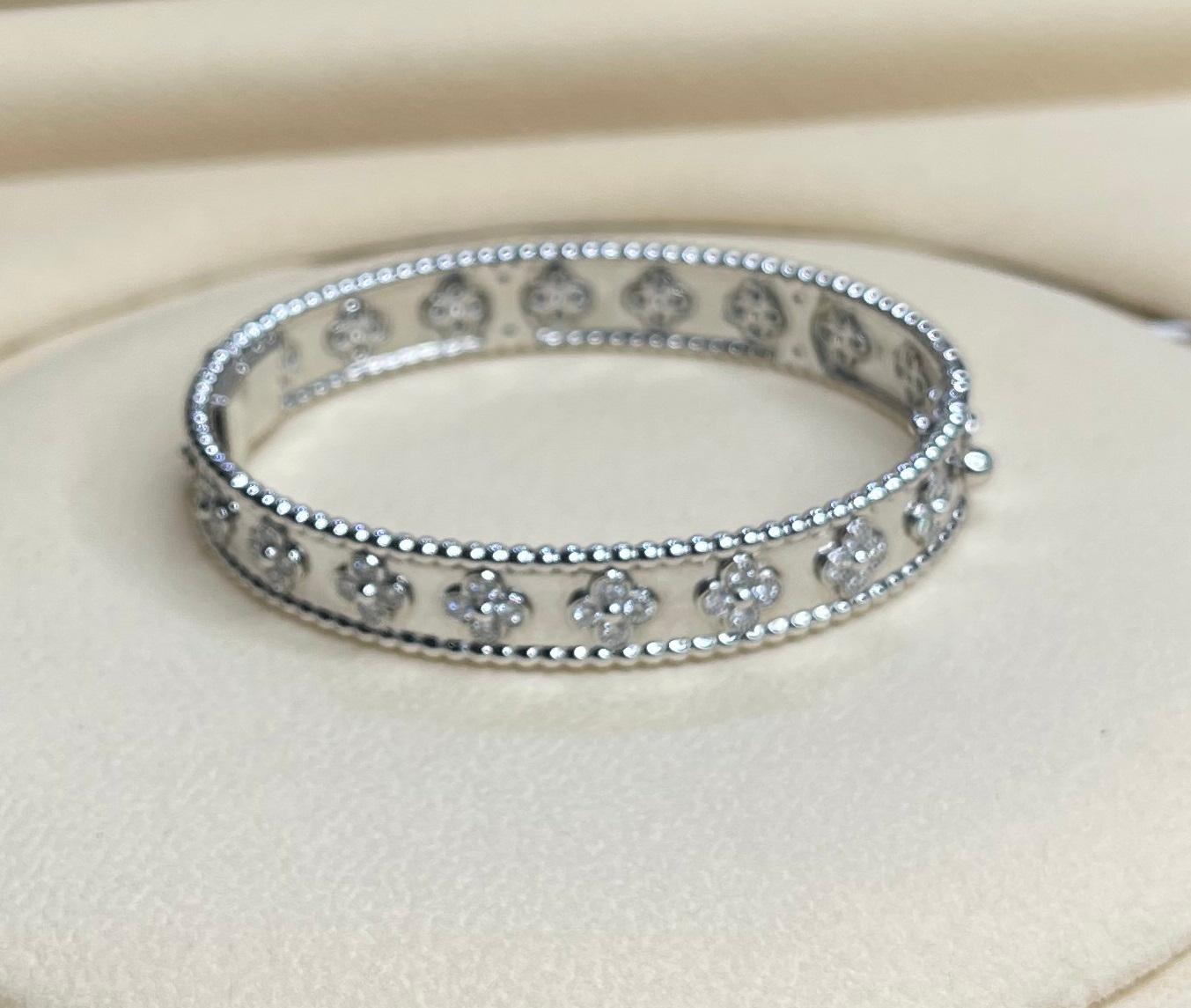 Women's or Men's Van Cleef & Arpels VCA Perlee Clover Bead Diamond 18k White Gold Bangle Bracelet