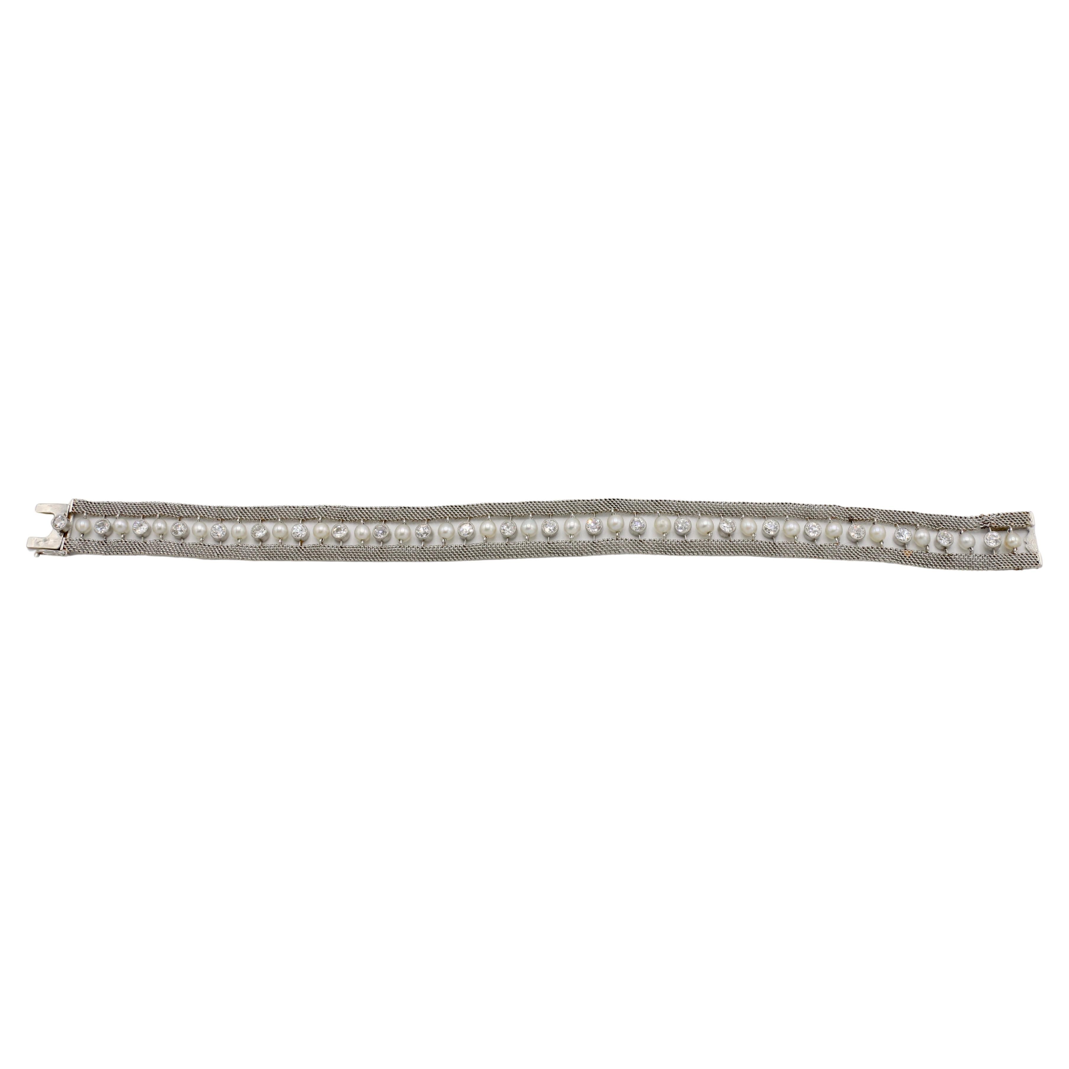Art Déco Bracciale Van Cleef & Arpels VCA in platino con diamanti taglio europeo e perle