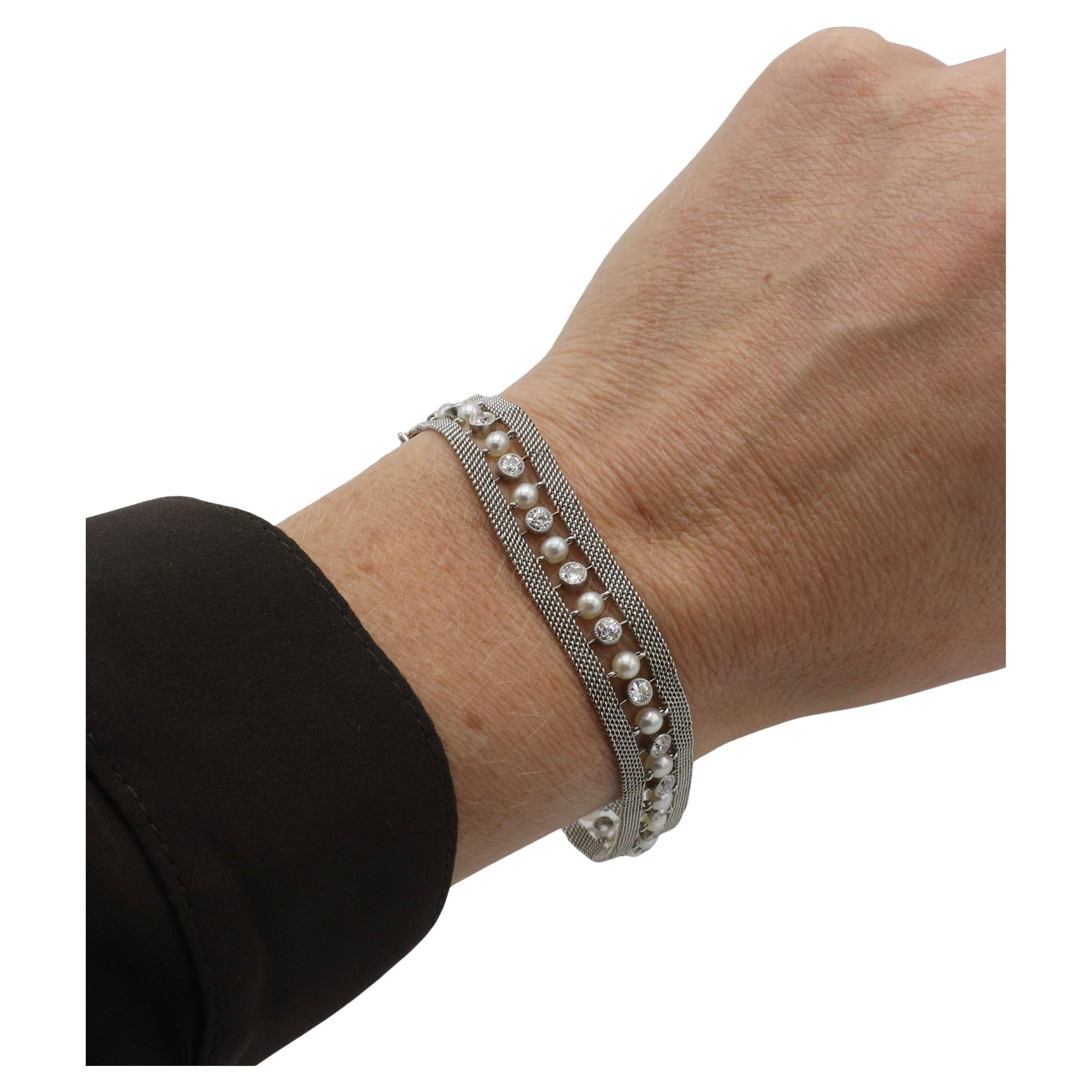 Bracciale Van Cleef & Arpels VCA in platino con diamanti taglio europeo e perle 1
