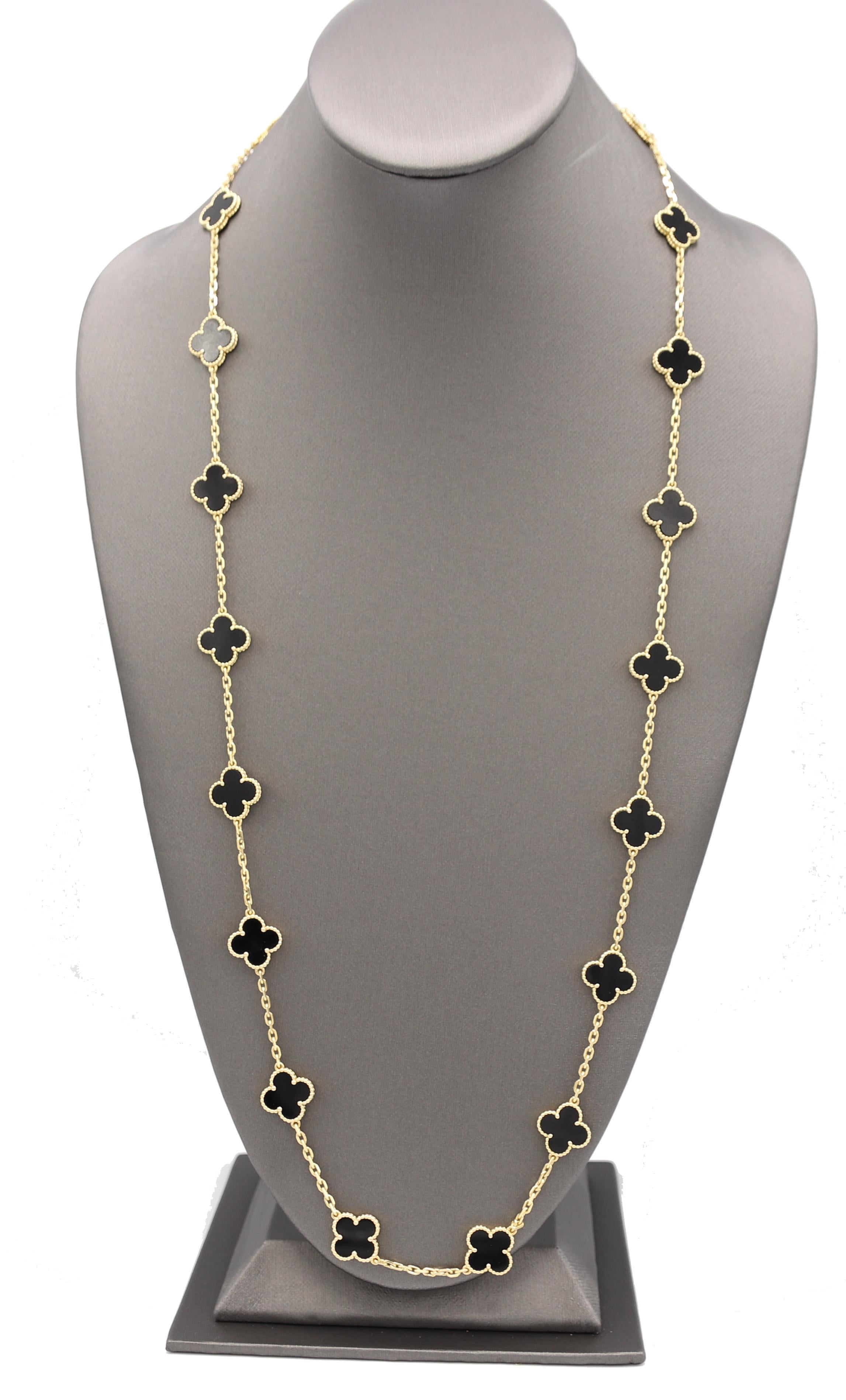 Van Cleef & Arpels VCA Vintage Alhambra 20 Motif Black Onyx Yellow Gold Necklace
Metal: 18k yellow gold
Weight: 47.43 grams
Length: 33.86 inches
Retail: $16,800 USD
Gemstone: Black onyx
Note: Pouch included
