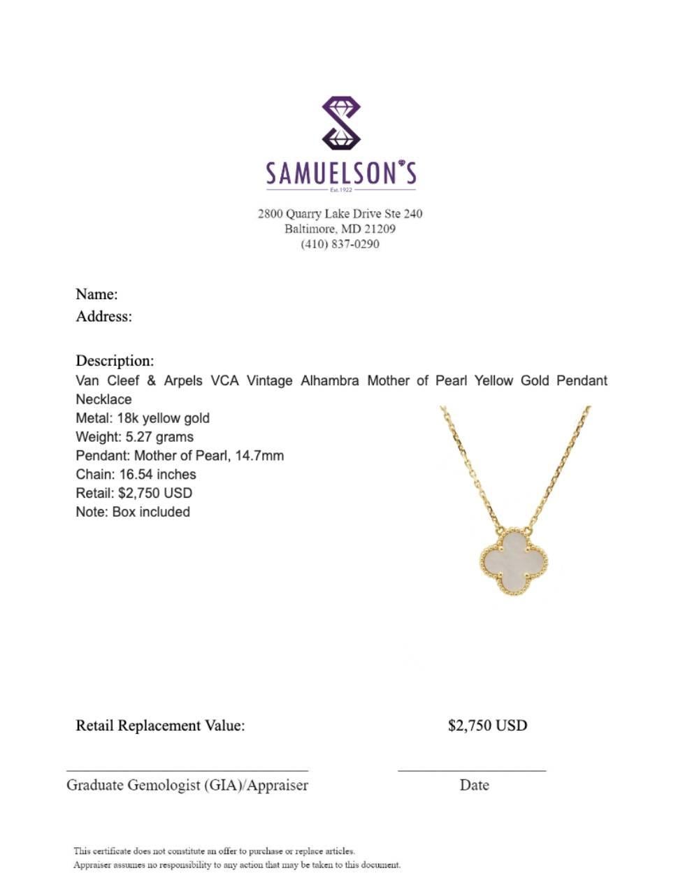 Van Cleef & Arpels VCA Vintage Alhambra Mother of Pearl Gold Pendant Necklace 1