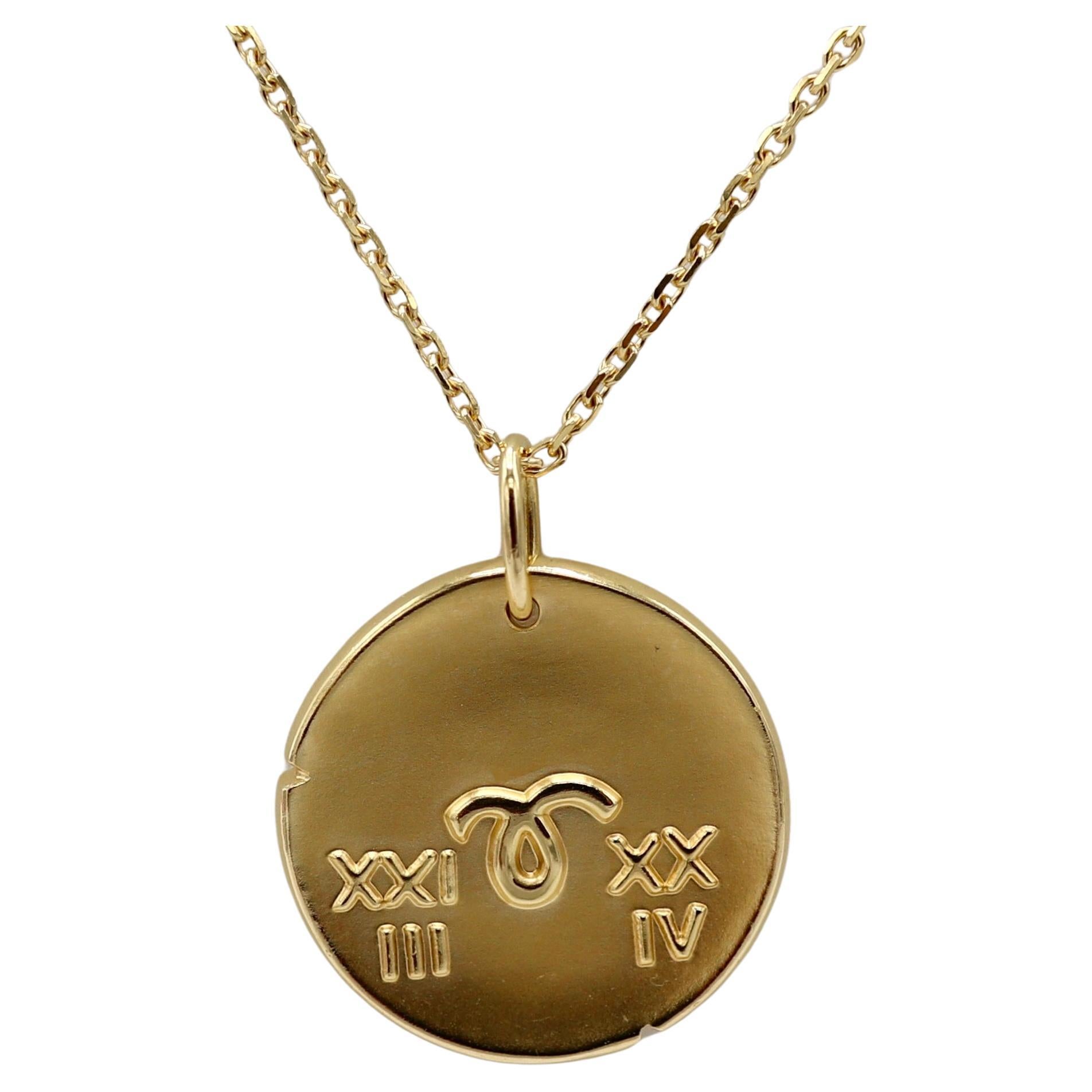 Van Cleef & Arpels VCA Zodiac Medal Aries 18 Karat Yellow Gold Pendant Necklace
Metal: 18k yellow gold
Weight: 11.54 grams
Pendant: 21.5mm
Zodiac sign: Aries March 21 - April 19
Chain: 16.5 inches 
Retail: Pendant: $2,430 USD, Chain $700 USD 
Note: