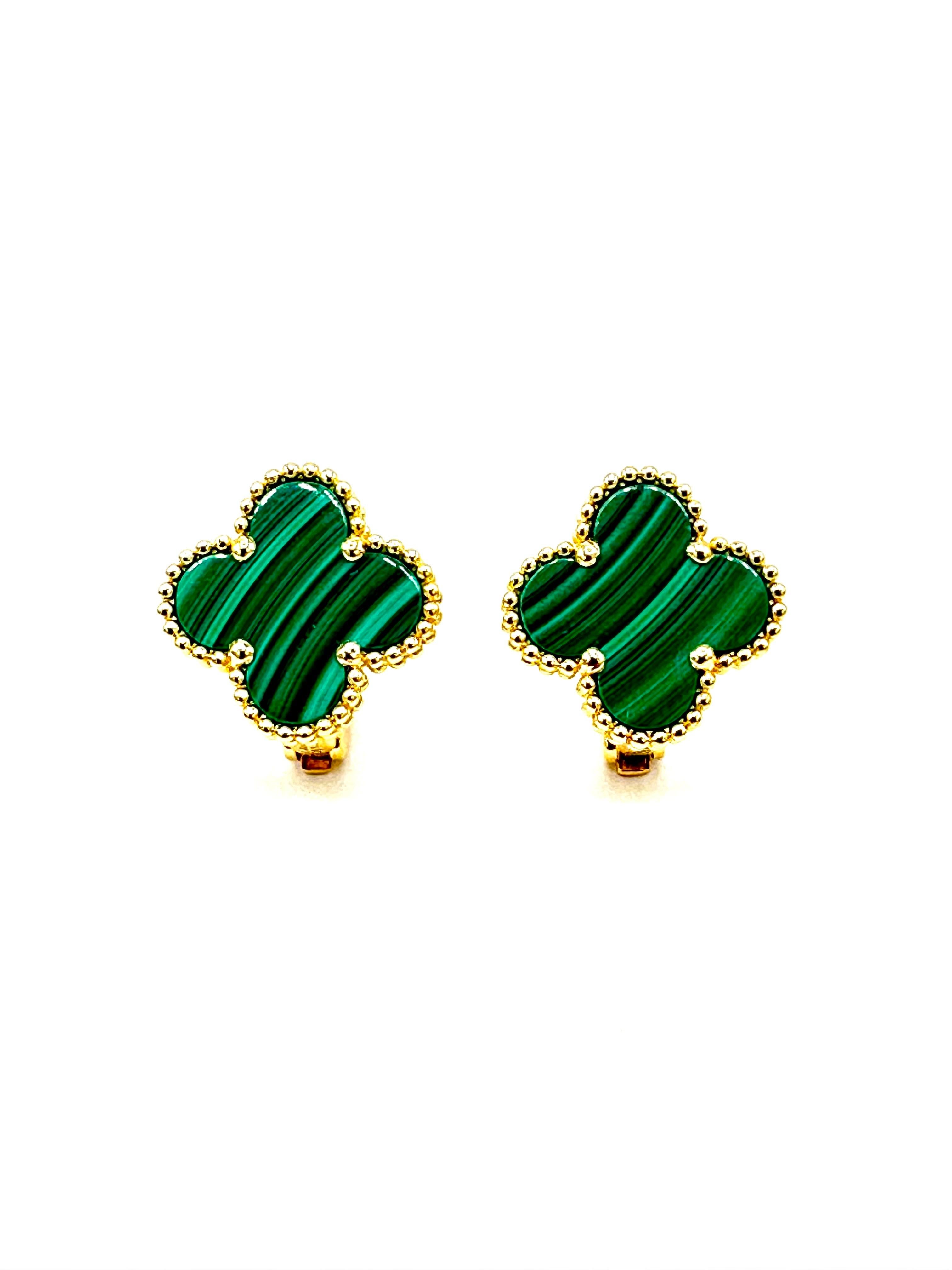 Revival Van Cleef & Arpels Vinatge Alhambra Malachite and 18K Yellow Gold Earrings  For Sale