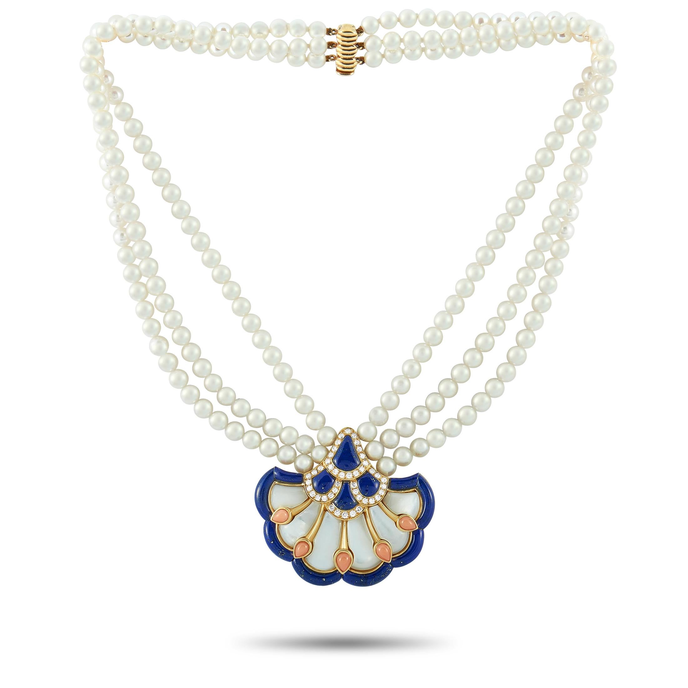 This vintage Van Cleef & Arpels necklace is made out of 18K yellow gold and 5.5 mm pearls and weighs 91.1 grams. The necklace measures 15” in length and boasts a 1.62” by 1.87” pendant that can also be worn separately as a brooch. The pendant is