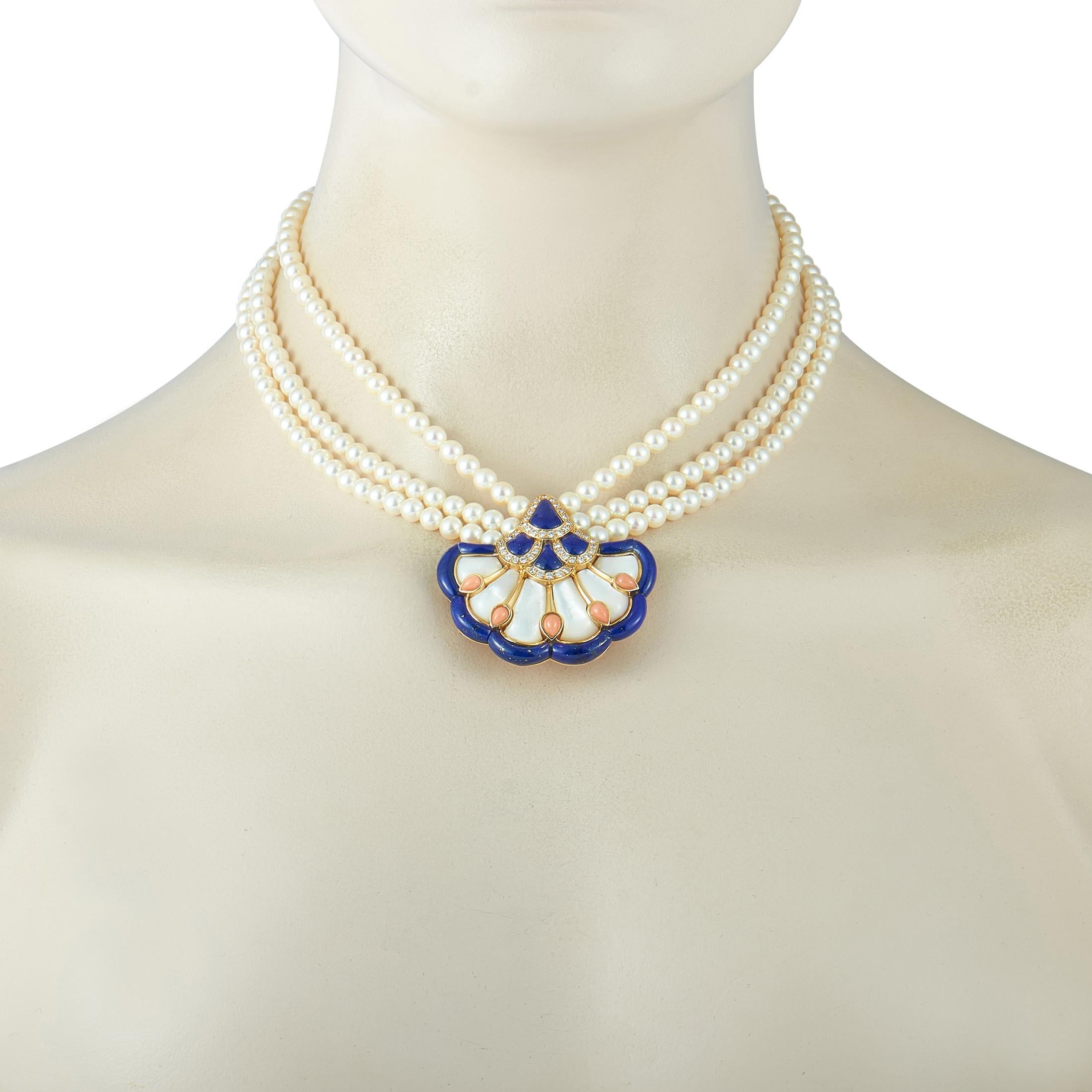 Round Cut Van Cleef & Arpels Vintage 0.80 ct Diamond, Pearl, Coral and Lapis Gold Necklace