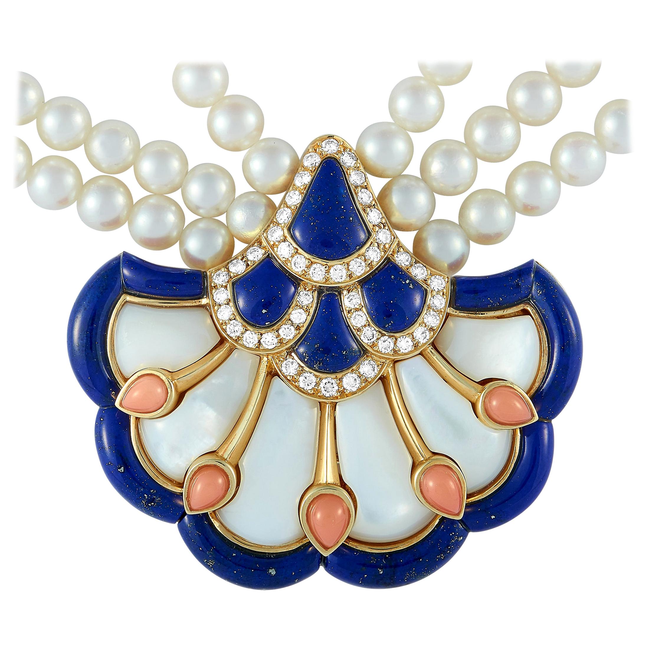 Van Cleef & Arpels Vintage 0.80 ct Diamond, Pearl, Coral and Lapis Gold Necklace