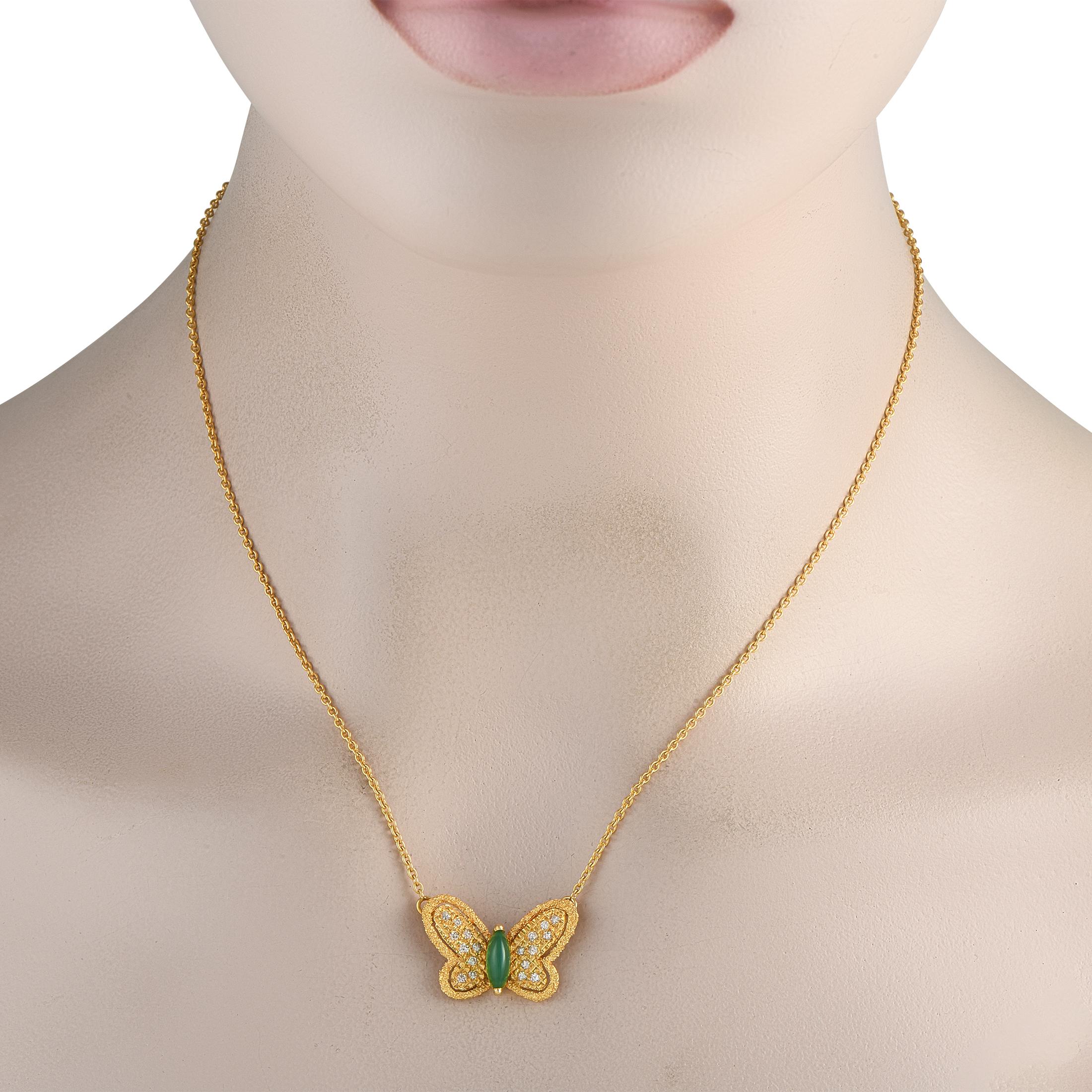 This vintage Van Cleef & Arpels necklace is incredibly charming. On this piece, a beautiful butterfly pendant crafted from 18K Yellow Gold makes a stylish statement. Diamonds with a total weight of 0.25 carats add sparkle to the detailed wings,