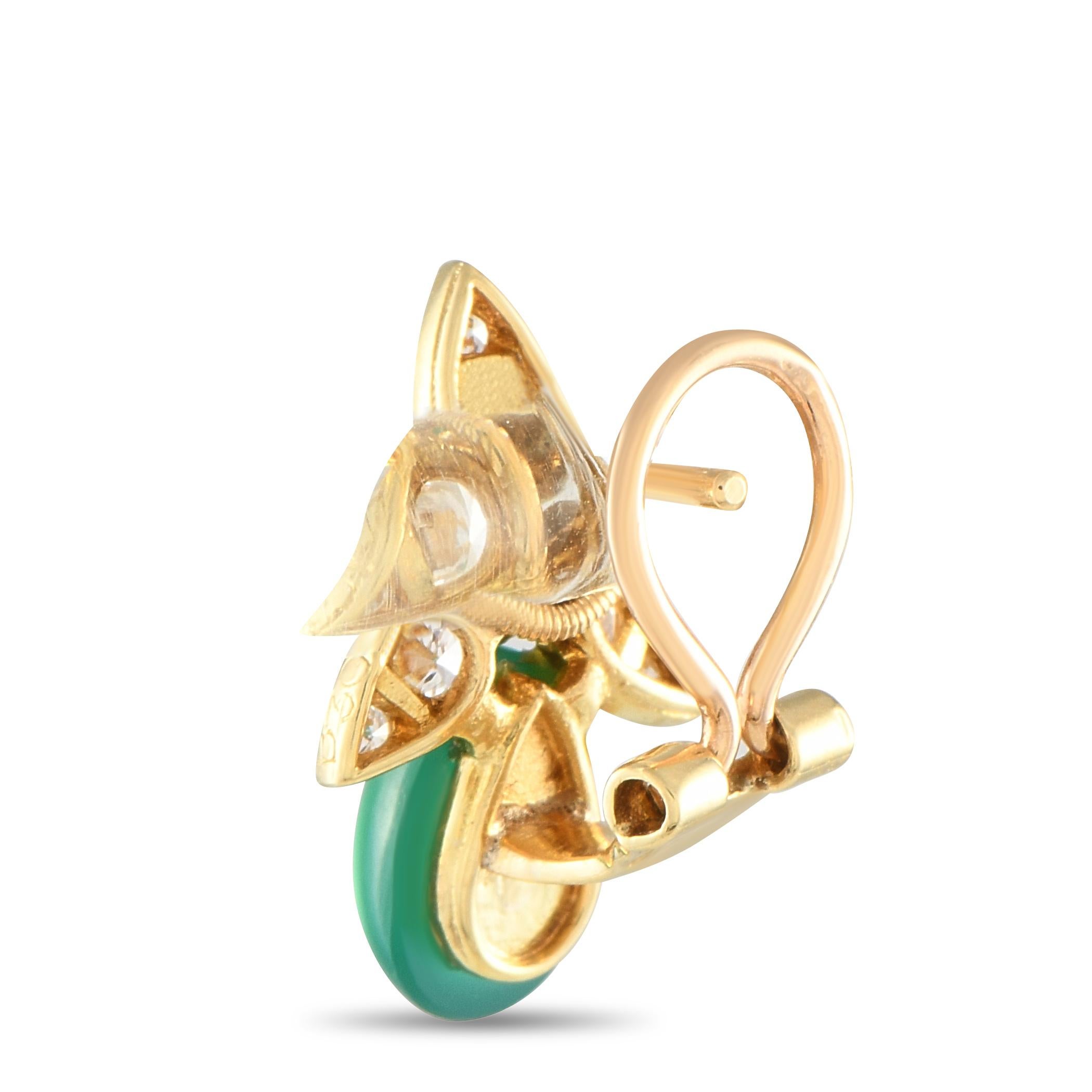 These vintage Van Cleef & Arpels earrings are undeniably charming. The 18K Yellow Gold setting features a detailed floral design, which comes to life thanks to inset Diamonds totaling 0.80 carats. Green Chrysoprase gemstones make them even more