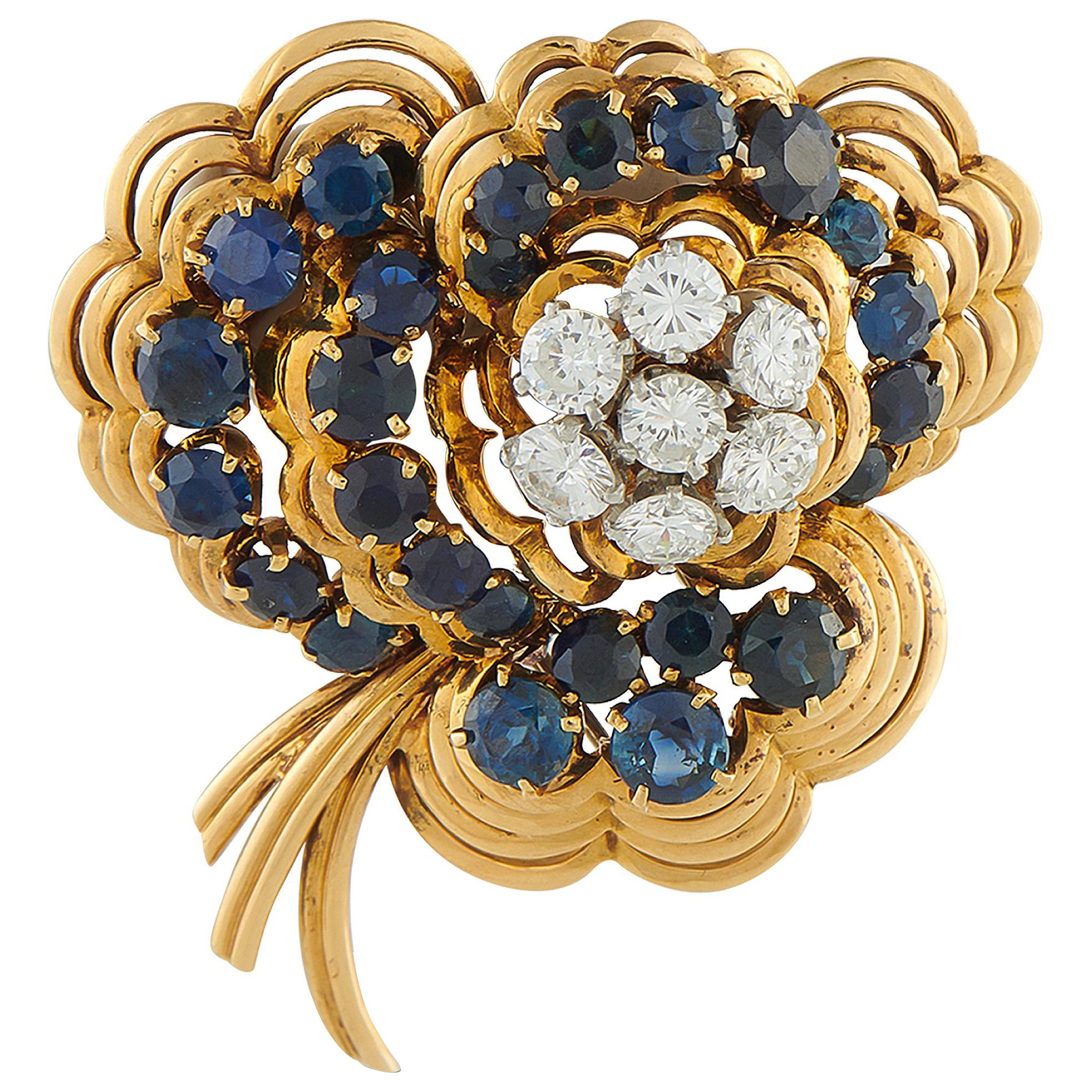 Van Cleef 
Arpels Vintage 18K Gold 1.50ct Diamond 
Sapphire Brooch VC09-102825 For Sale
