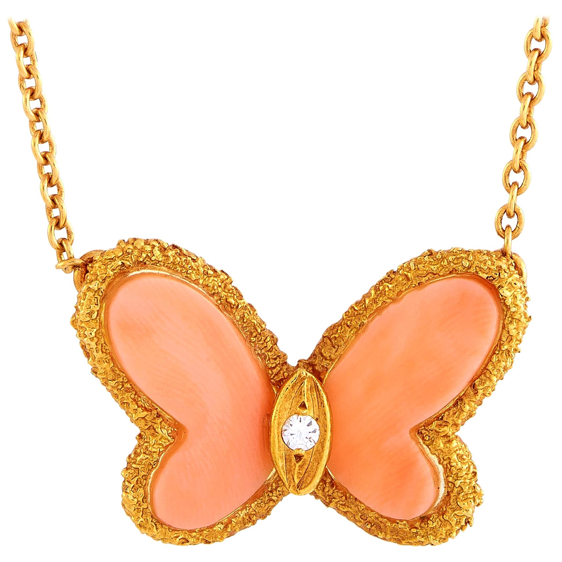 Van Cleef & Arpels Vintage 18k Gold Diamond and Coral Butterfly Pendant Necklace