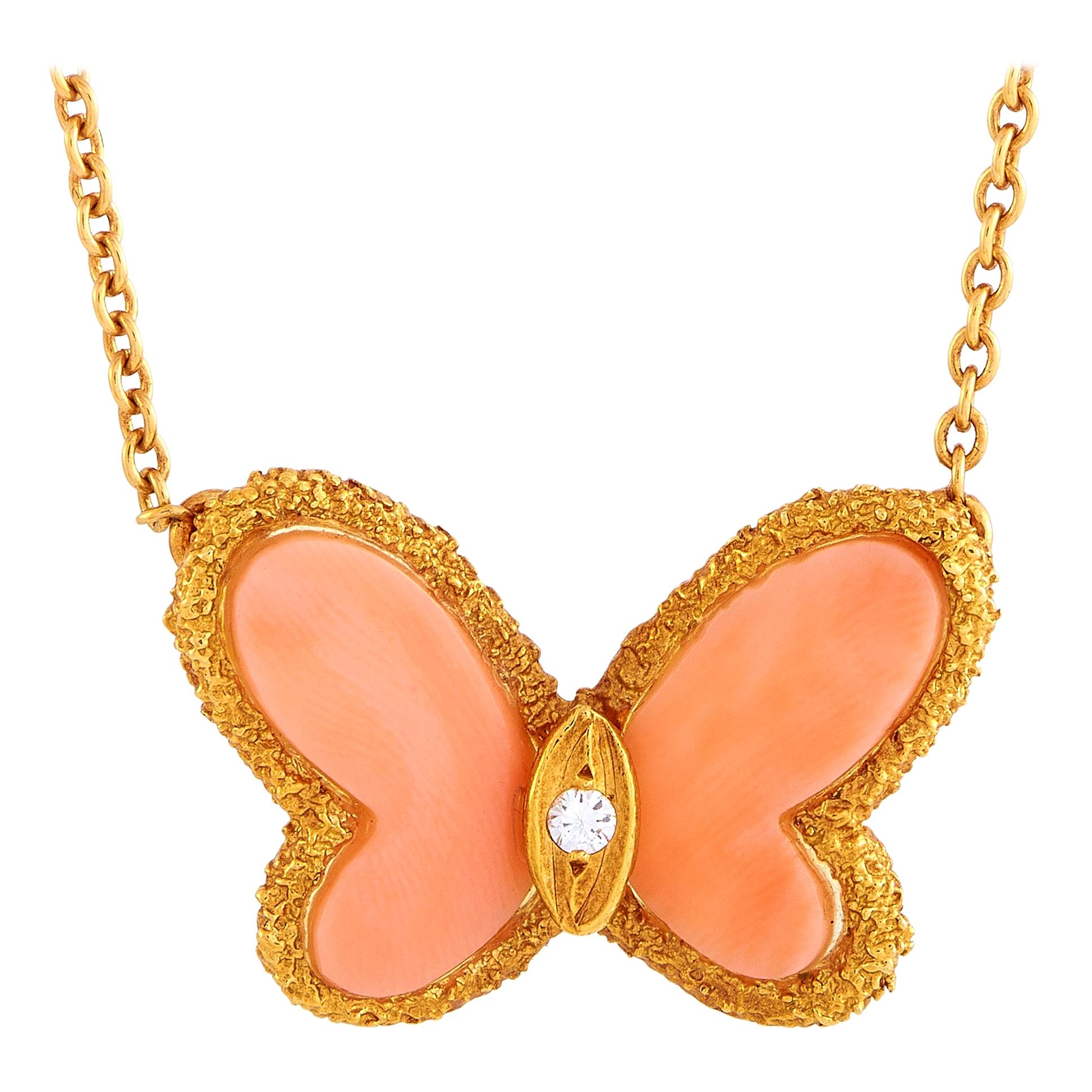 Van Cleef & Arpels Vintage 18k Gold Diamond and Coral Butterfly Pendant Necklace