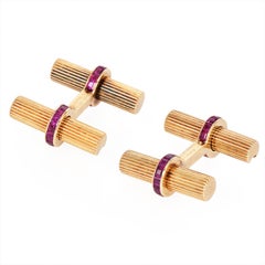 Van Cleef & Arpels Vintage 18K Gold Grooved Bar Ruby Men VCA Cufflinks
