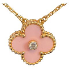 Van Cleef & Arpels Vintage 18k Rose Gold Alhambra Pink Diamond Mop Pendentif