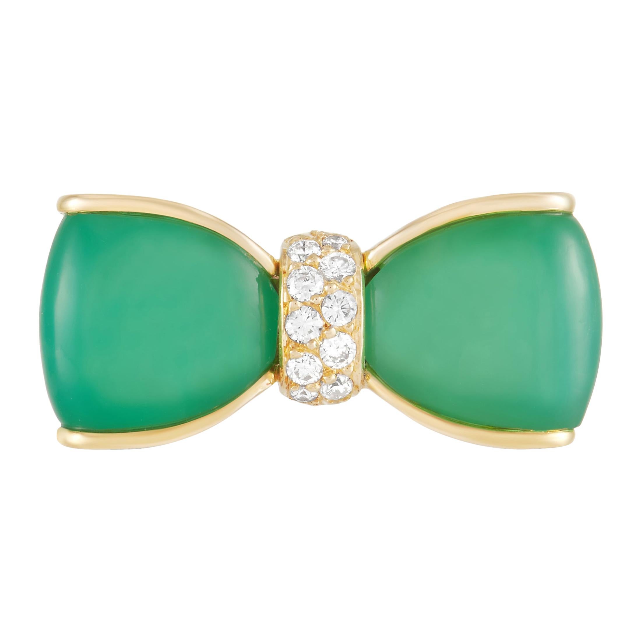 Van Cleef & Arpels Vintage 18K Yellow Gold 0.19 Ct Diamond and Chrysoprase Bow