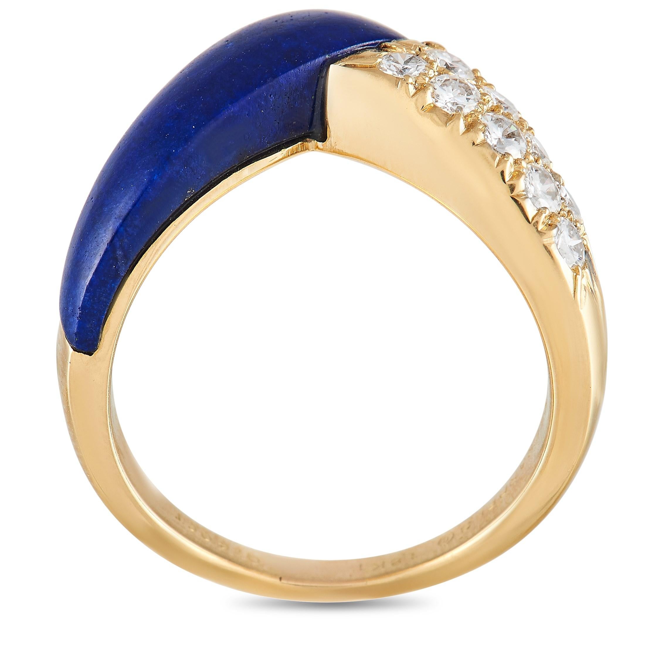 This impeccable vintage ring from Van Cleef & Arpels is delightfully unexpected in design. An opulent Lapis gemstone makes a statement at the top of the curved 18K Yellow Gold setting, while diamonds totaling 0.40 carats provide the perfect