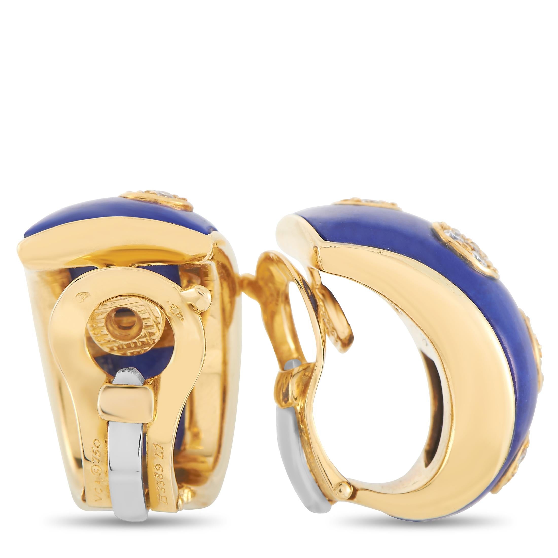 This precious pair of vintage Van Cleef & Arpels 18K Yellow Gold 0.60 ct Diamond Enamel Huggie Clip-on Earrings is fashioned from 18K yellow gold. The wide huggie clip-on hoops have a blue enamel face adorned by round diamonds set in a flower motif.
