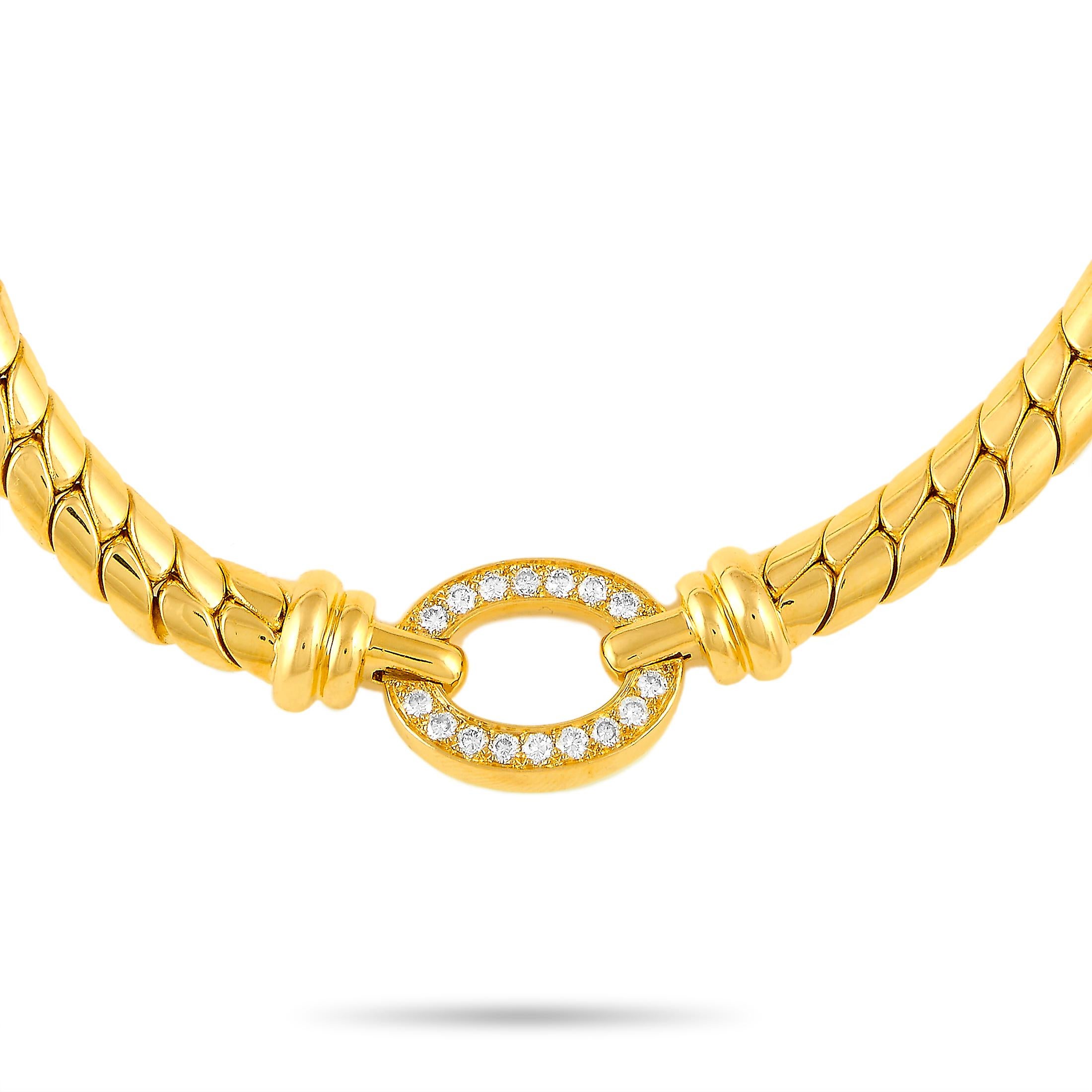 This vintage Van Cleef & Arpels necklace is made of 18K yellow gold and weighs 45.1 grams, measuring 17” in length. The necklace is embellished with diamonds that feature F color and VVS1 clarity and amount to 0.61 carats.

Offered in estate