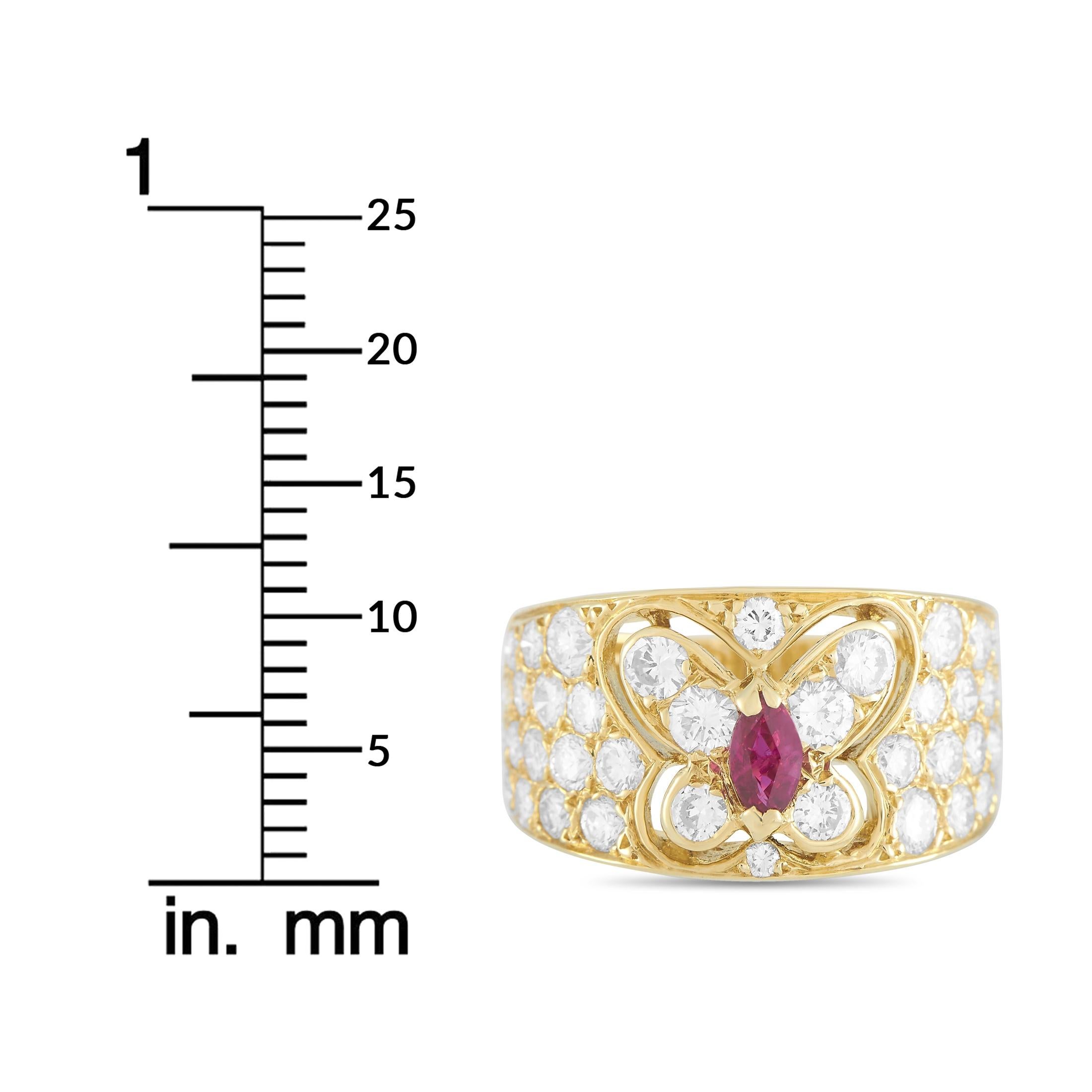 Van Cleef & Arpels Vintage 18 Karat Gold 1.50ct Diamond and Ruby Butterfly Ring In Excellent Condition In Southampton, PA