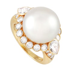 Van Cleef & Arpels Vintage 18k Yellow Gold 2 Ct Diamond and Pearl Statement Ring