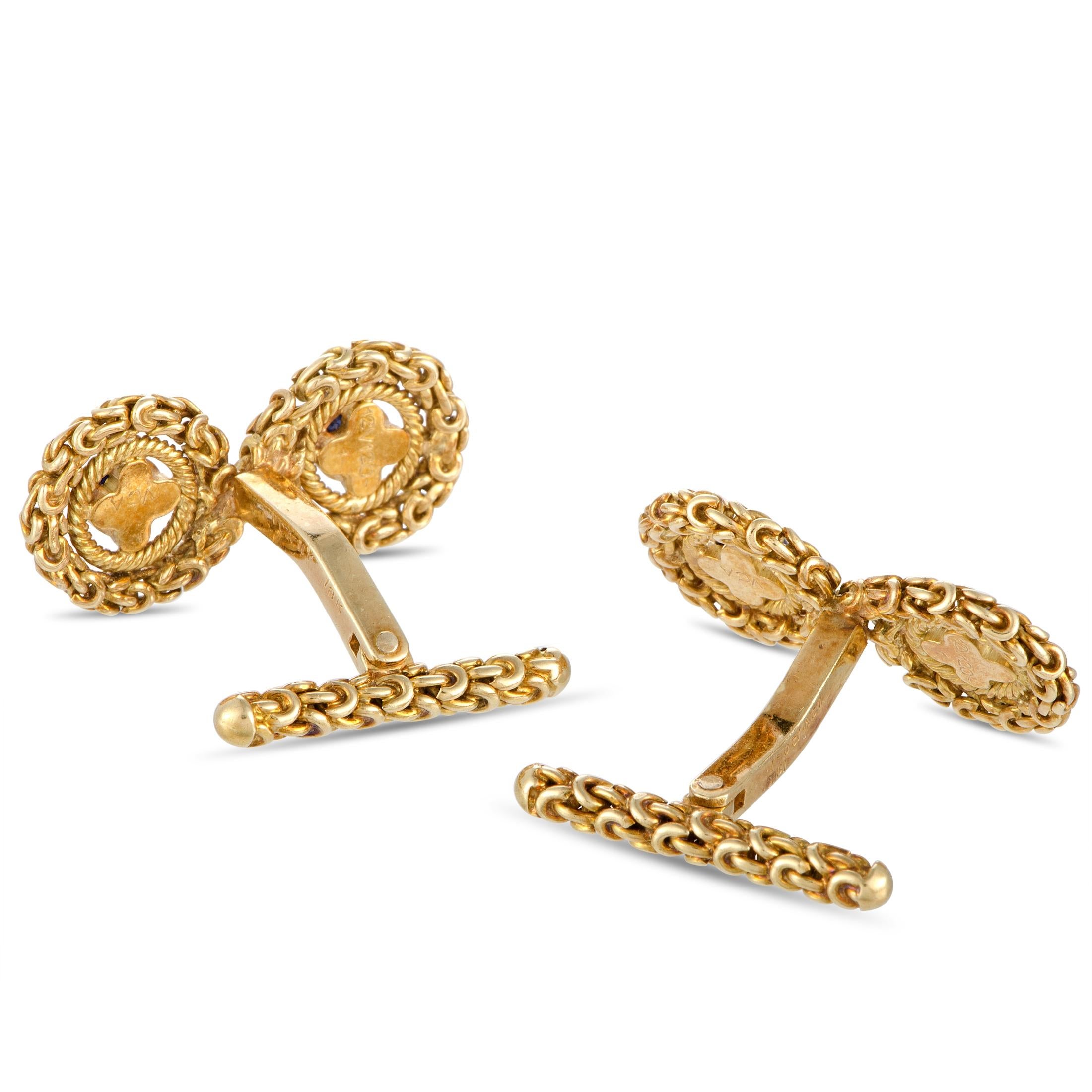 These vintage Van Cleef & Arpels cufflinks are made of 18K yellow gold and set with sapphires. The cufflinks measure 0.37” by 1.00” and each of the two weighs 6.15 grams for a total weight of 12.3 grams.

This pair of cufflinks is offered in estate