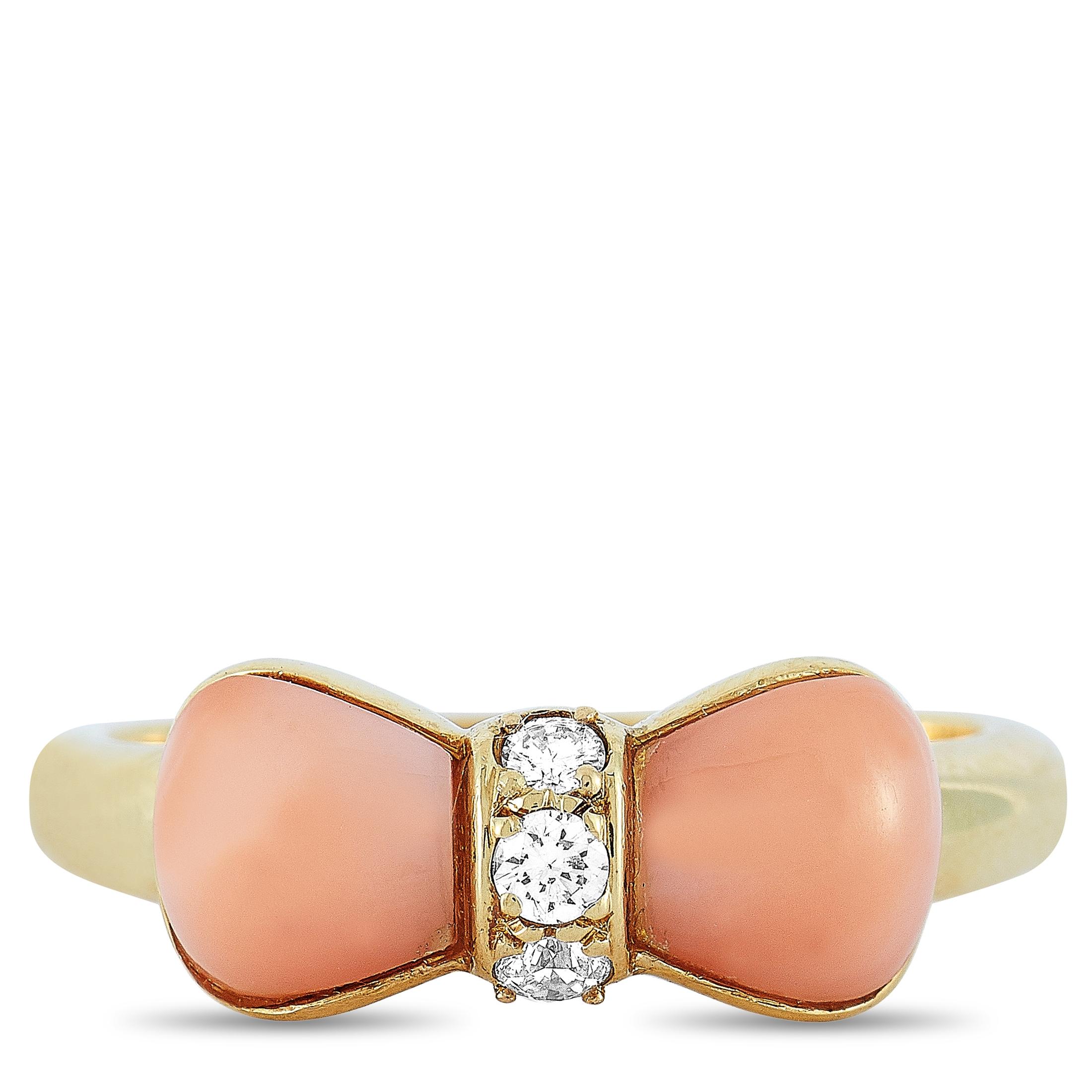 Women's Van Cleef & Arpels Vintage 18 Karat Yellow Gold Diamond and Coral Bow Ring