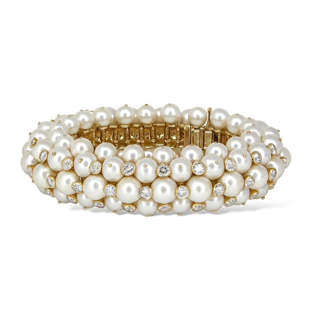 Femenino o masculino Pulsera vintage Van Cleef & Arpels de oro amarillo de 18 quilates con diamantes y perlas cultivadas en venta