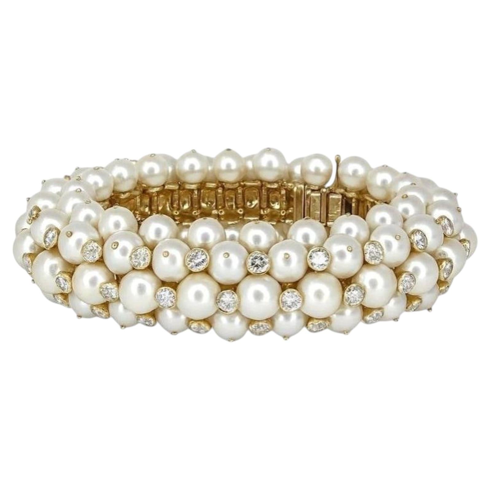 Van Cleef & Arpels Vintage 18K Yellow Gold Diamond and Cultured Pearl Bracelet