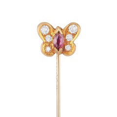 Van Cleef & Arpels 18 Karat Yellow Gold Diamond and Ruby Butterfly Stick Pin