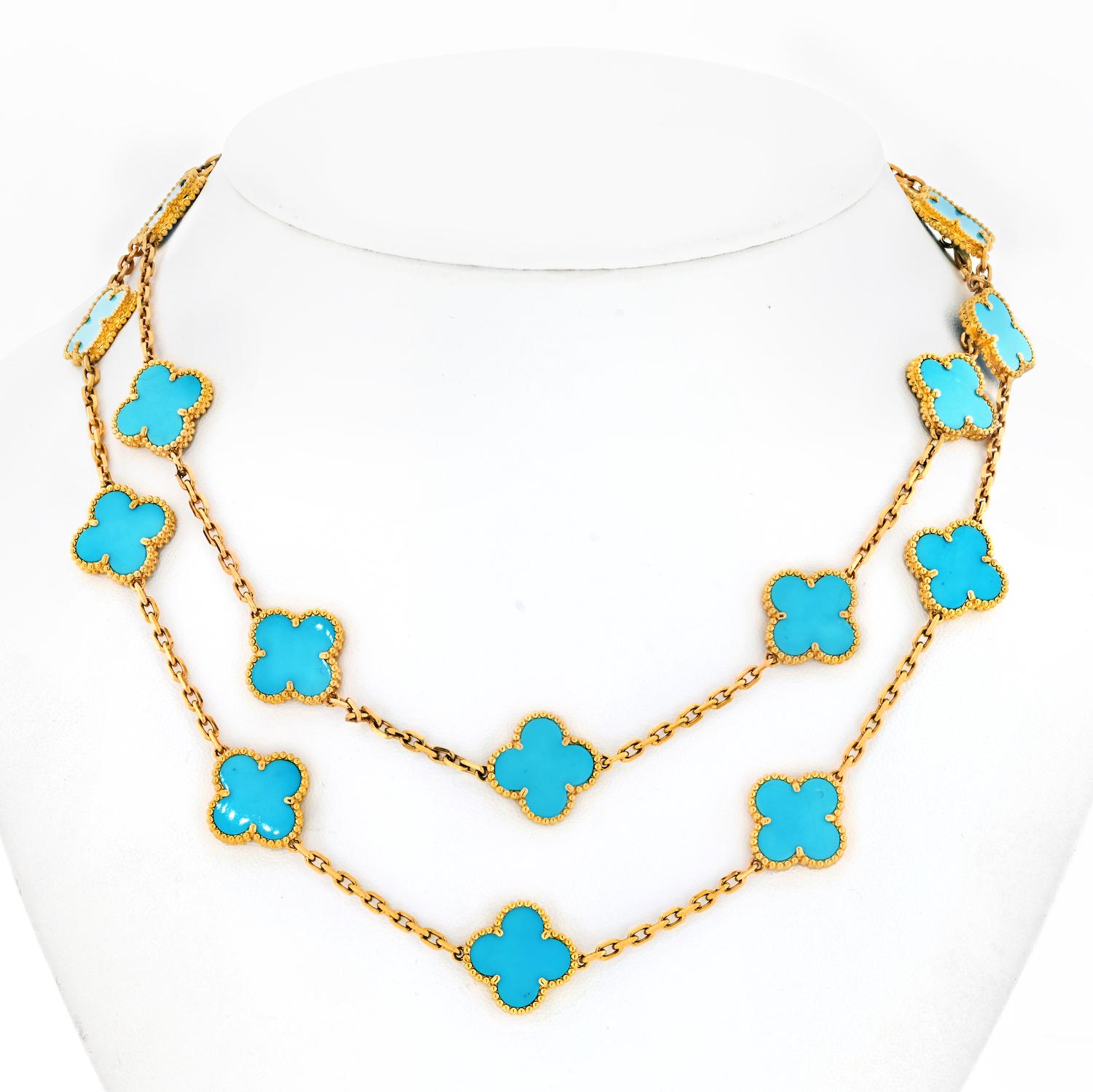 The Van Cleef & Arpels 18K Yellow Gold 20 Motif Vintage Alhambra Turquoise Necklace is a true work of art. Crafted by the renowned French jewelry house, the necklace features the iconic Alhambra motif, which has been a symbol of luck, love, and