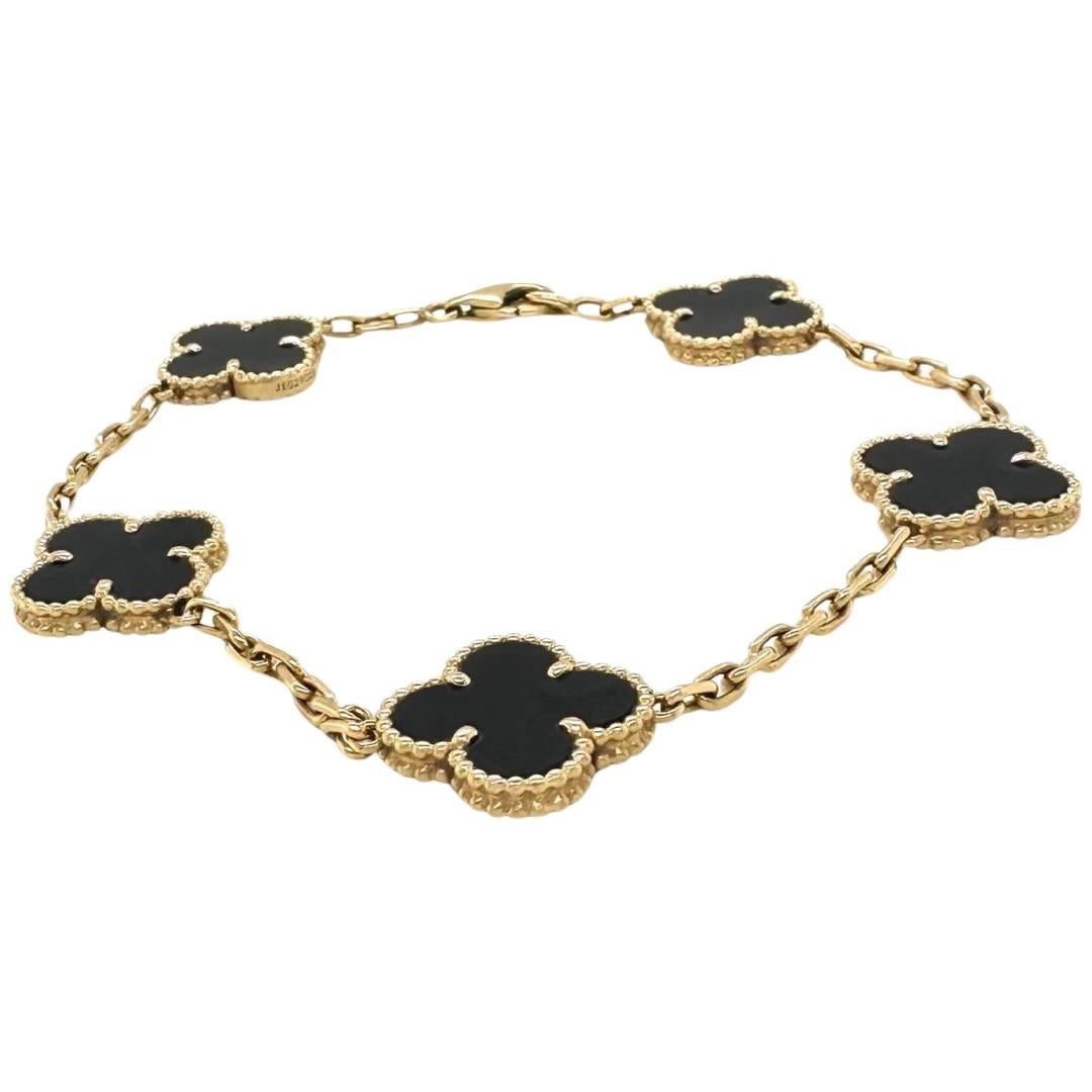 Inspired by the Clover Leaf The Van Cleef & Arpels Alhambra Bracelet is a symbol of good luck . This iconic bracelet is a timeless jewelry piece that will hold its vallue over time. 
Comes with VCA service papers.