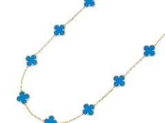 Van Cleef & Arpels Vintage Alhambra 10 Motif Blue Agate 18K Yellow Gold Necklace