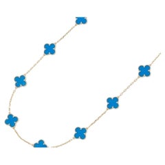 Van Cleef & Arpels Vintage Alhambra 10 Motif Blue Agate 18K Yellow Gold Necklace