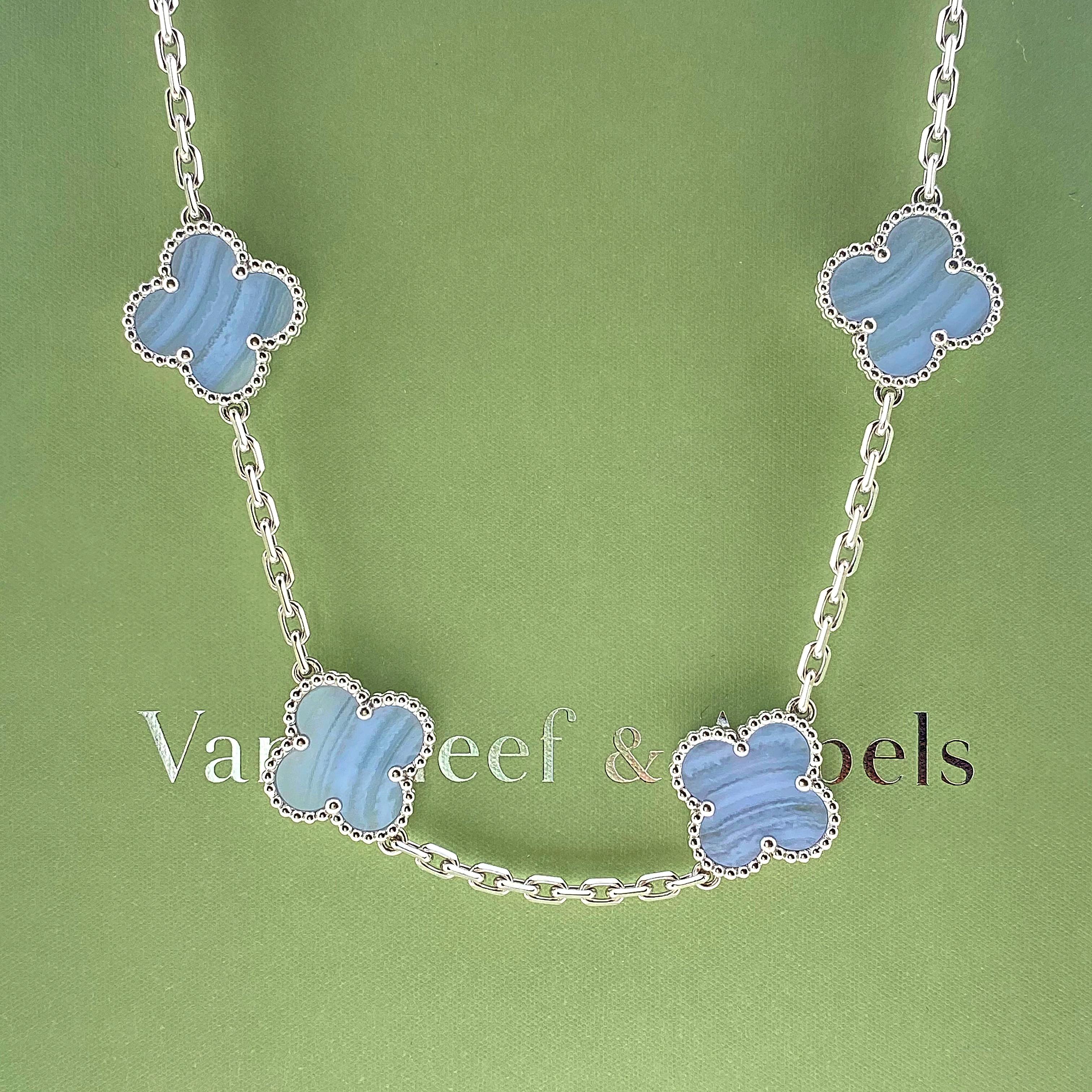 Van Cleef & Arpels Vintage Alhambra 10 Motif Chalcedony Necklace 18kt White Gold In Excellent Condition In San Diego, CA