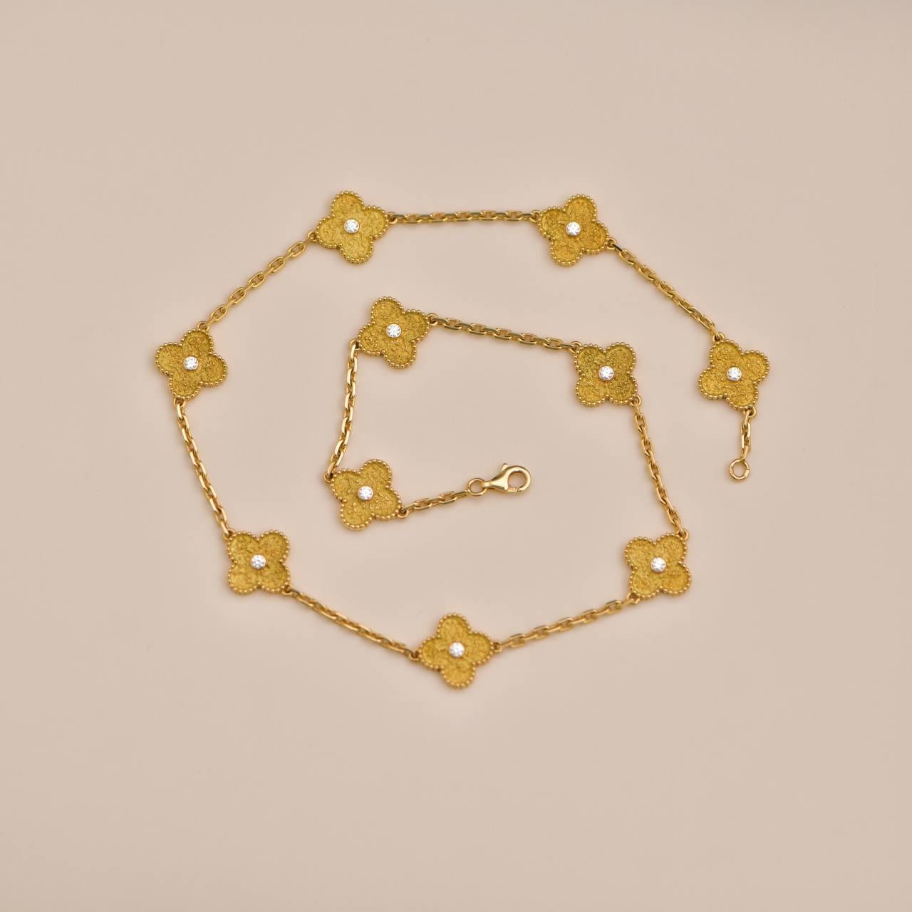 Women's or Men's Van Cleef & Arpels Vintage Alhambra 10 Motif Diamond Yellow Gold Necklace