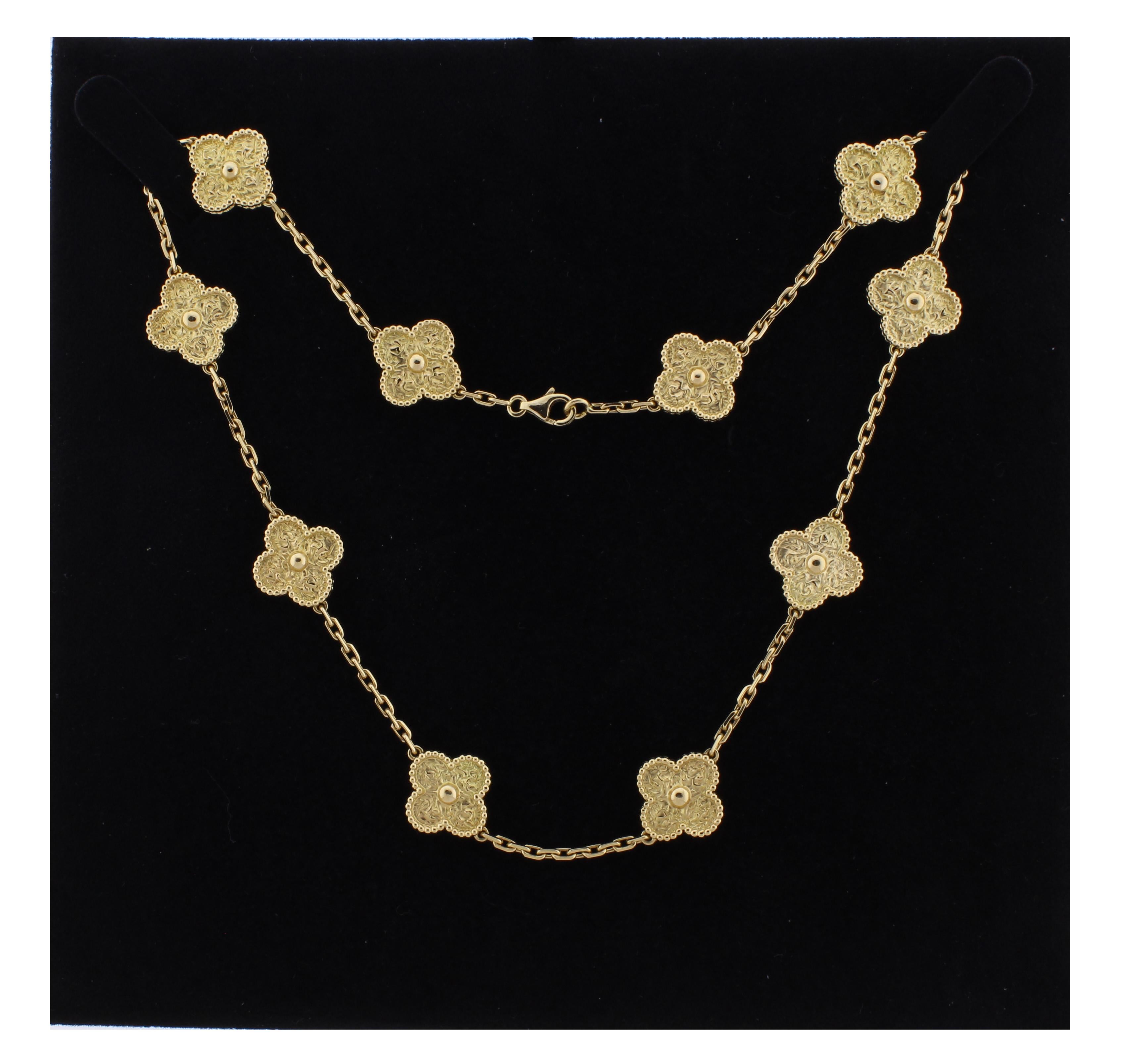 The Vintage Alhambra  by Van Cleef & Arpels is distinguished by its unique, timeless elegance. Inspired by the clover leaf, these icons of luck are adorned with a border of golden beads. 18 karat, 16.5 inches