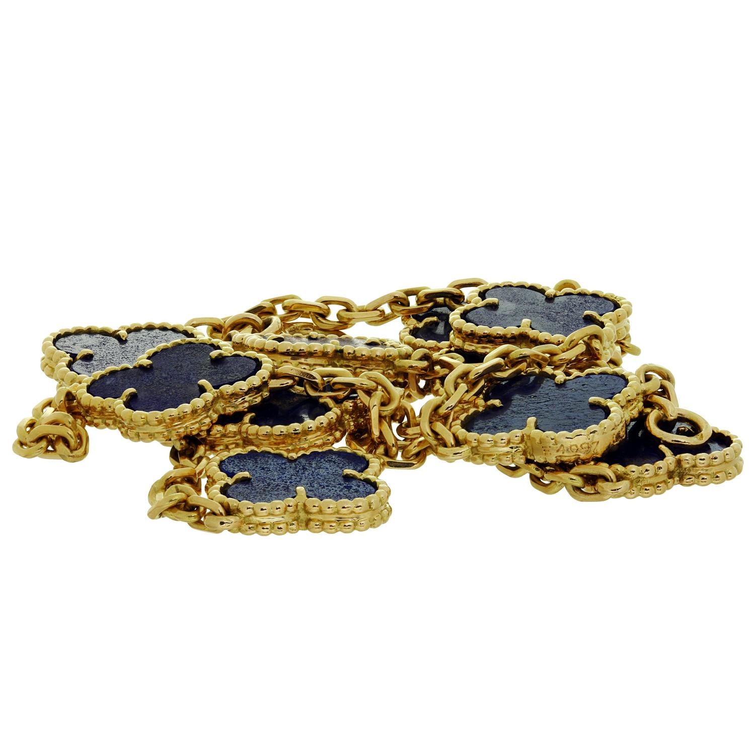 Mixed Cut Van Cleef & Arpels Vintage Alhambra 10-Motif Lapis Lazuli Yellow Gold Necklace