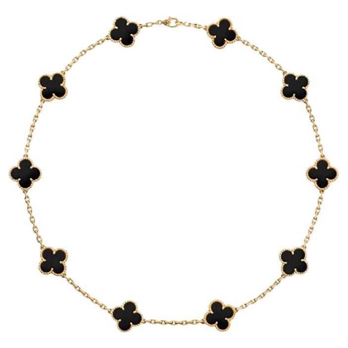 Van Cleef & Arpels Vintage Alhambra 10 Motif Necklace Onyx and 18k Yellow Gold
