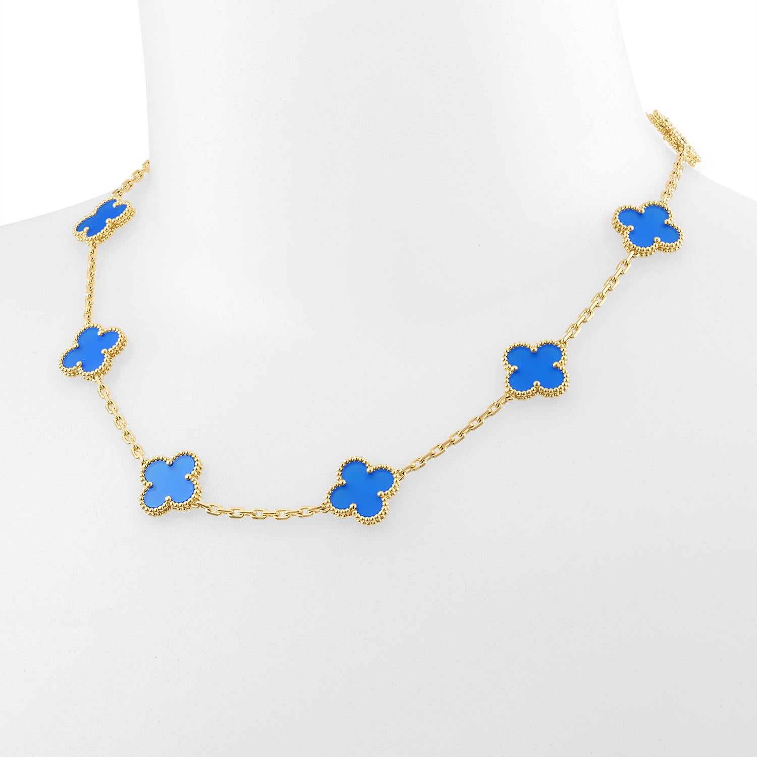 Van Cleef & Arpels Vintage Alhambra 10 Motifs Agate Necklace, Yellow Gold In Excellent Condition In Tucson, AZ