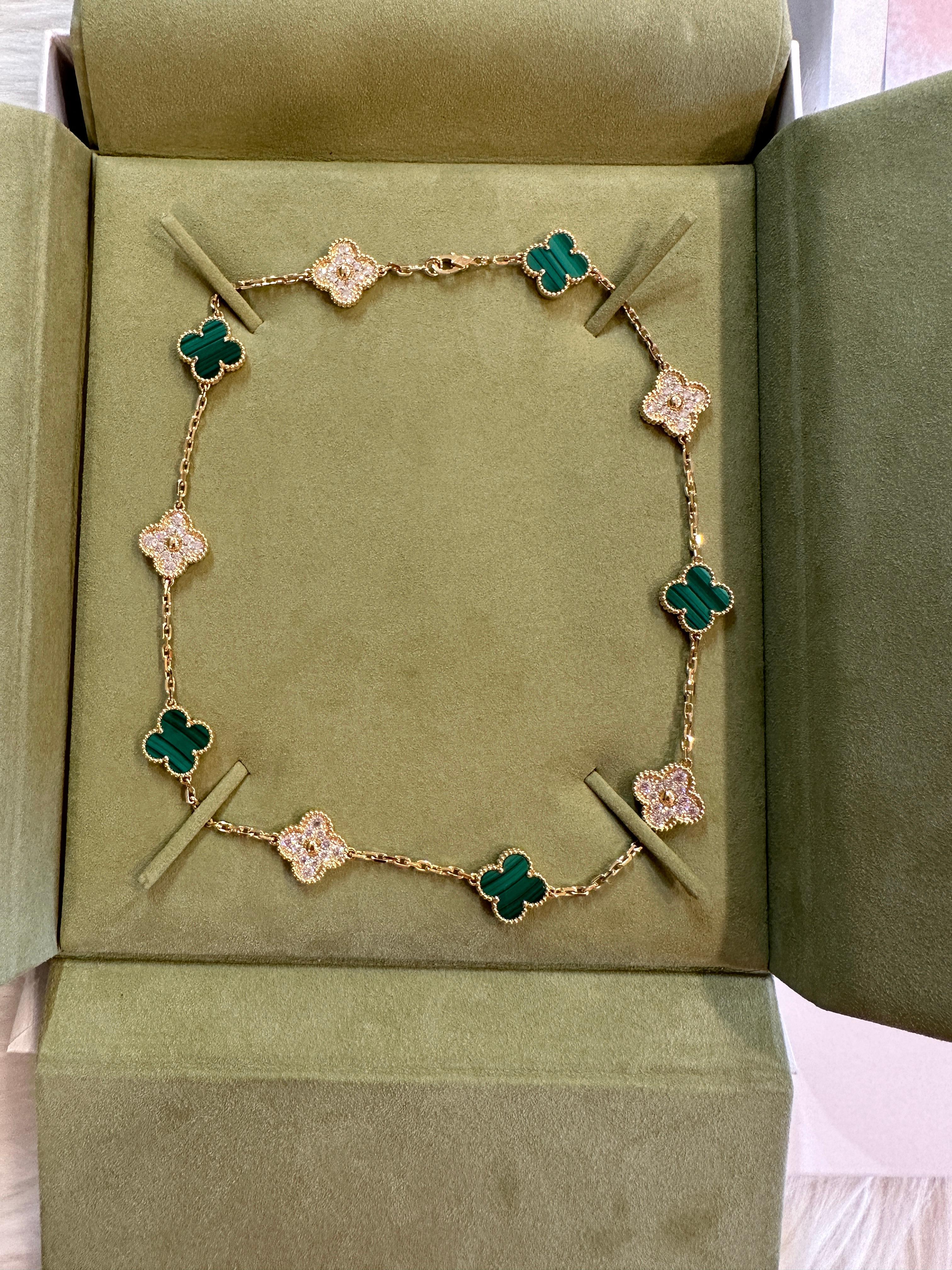 Van Cleef Arpels Vintage Alhambra 10 motifs Malachite Diamond Necklace, YG 2