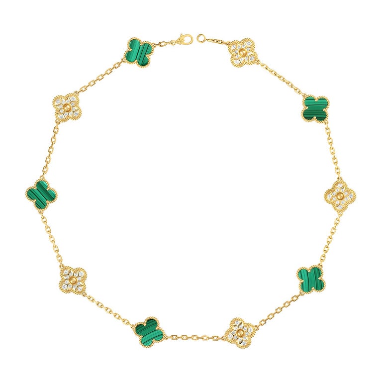 Van Cleef & Arpels long necklace of 10 motifs Malachite, diamond necklace. Multiple ways of wearing as a necklace or a bracelet. Has a beautiful natural striation of malachite.

Maker: Van Cleef & Arpels

Accessories: Boxes, the original certificate